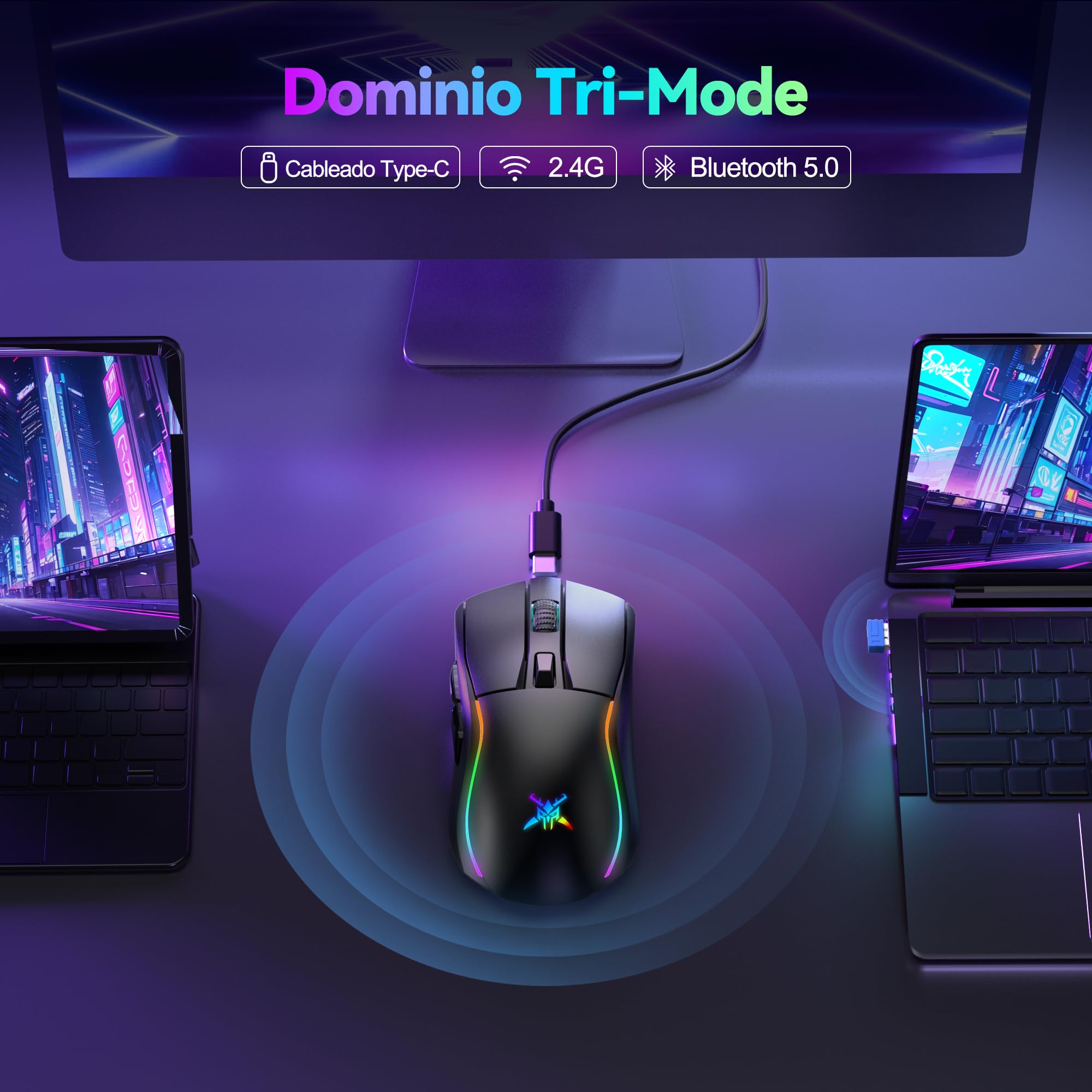 TECKNET Ratón Gaming Inalámbrico 24000 dpi, Conexión Bluetooth / 2.4G / USB-C, Recargable, 1000 Hz Tasa de Sondeo, 6 Botones Programables y Luces RGB Personalizables, Ergonómico para PC/Mac
