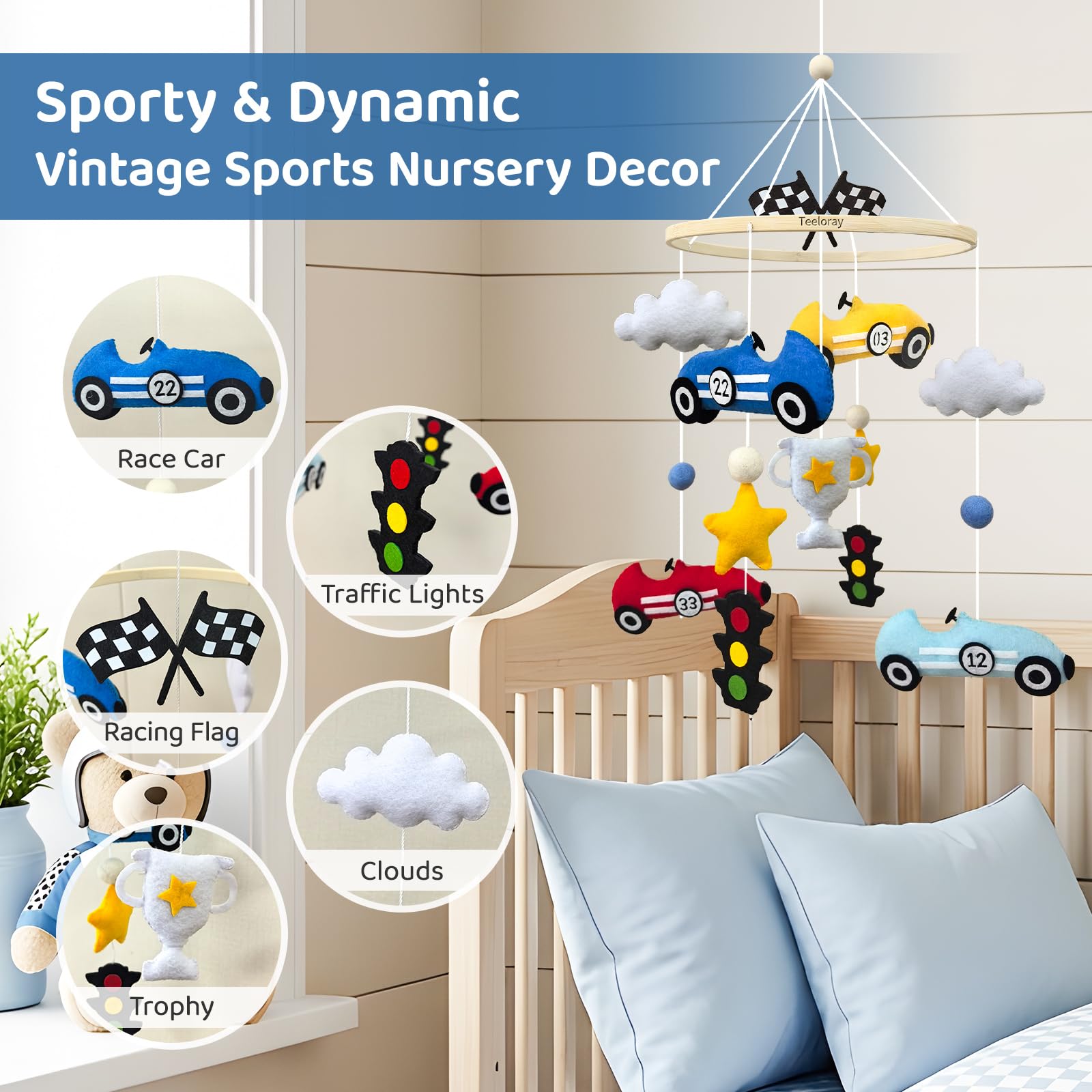 Mobile pour bébé pour berceau, voiture de course, berceau pour garçons, fait à la main, décoration de chambre d'enfant, drapeau de course à carreaux noir et blanc, décoration à suspendre