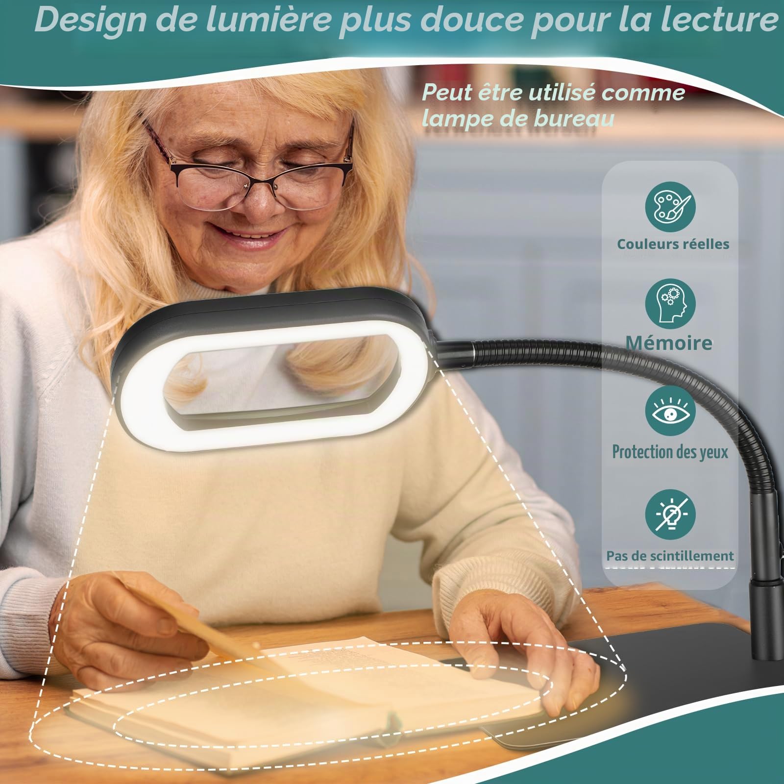Drdefi Lampe Loupe sur Pied LED, 10X Rectangulaire, 5 Modes Couleur, Intensité Variable, Col de Cygne Flexible pour Lecture Artisanat Réparation