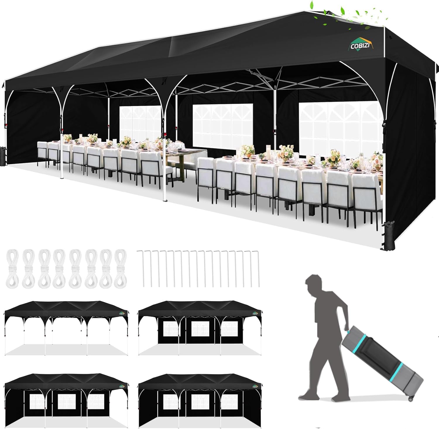 Photo 1 of COBIZI 10x30 Pop Up Canopy Tent for Parties with 5 Sidewalls| Push Center Lock & Air Vent| Waterproof & UPF50+ |Gazebo Outdoor Tent for Party,Wedding,BBQ with 4 Sandbags, 8 Stakes & 16 Ropes,Black