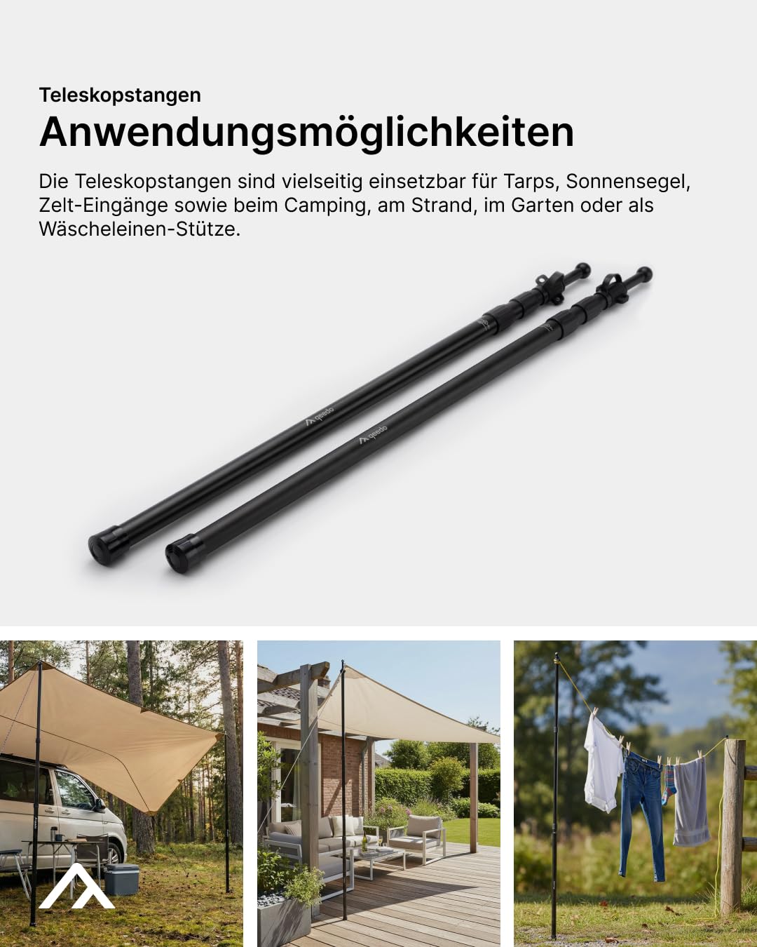 qeedo Scope Zeltstangen 2er Set - Aluminium Sonnensegel Stange 95-230 cm - Teleskopstange Camping für Tarp, Vorzelt, Sonnensegel & Markise - sturmsicher & wetterfest, Ultraleicht 550 g