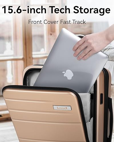 Vista 2 de LUGGEX Maleta de mano con bolsillo frontal, maleta rígida de policarbonato expandible con puerto USB, Champán, Equipaje de mano