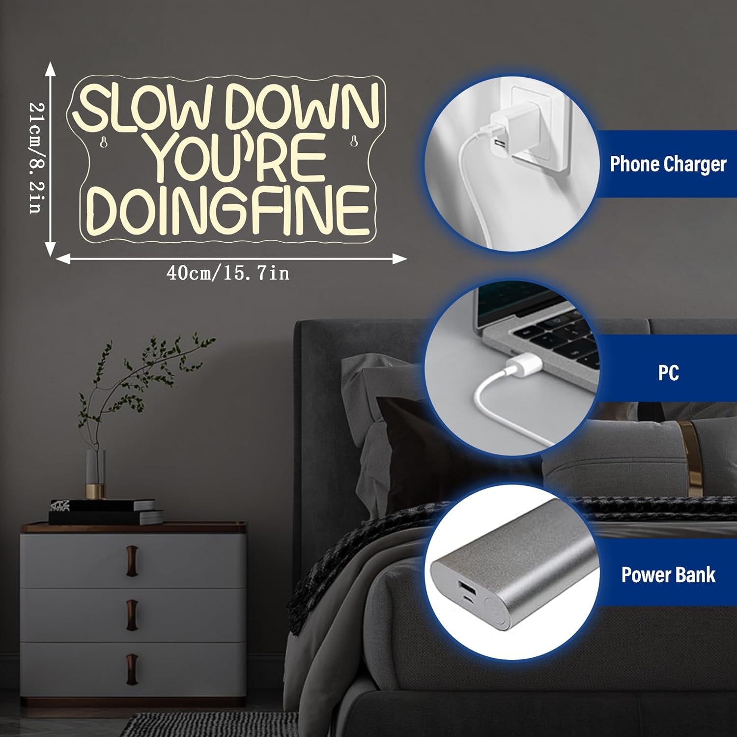 Slow Down You are Doing Fine Neon Signs for Wall Decor,Dimmable Positive Inspirational Neon Light, Uplifting Quote Wall Art Daily Reminder Trendy Wall Art for Man Cave Classroom Party Gifts(15.7 * 8.2in)