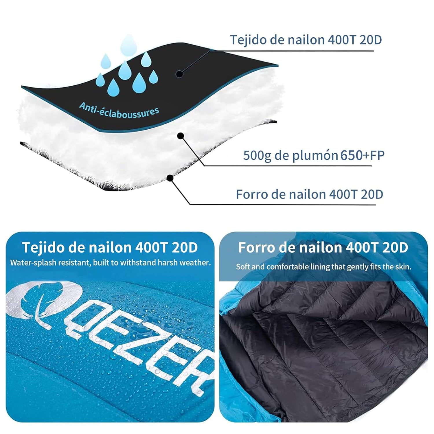 Saco de Dormir de plumón 5°C 3-4 Estaciones Ultraligero 660 FP 210x80 cm 820 g para Camping Senderismo