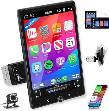 10.4 Wireless CarPlay Stereo Single Din Car Radio,2025 Upgraded Rotatable HD IPS Touch Screen,Wireless Android Auto Car Play Screen Bluetooth RDS/FM EQ SWC USB/TF Backup Camera