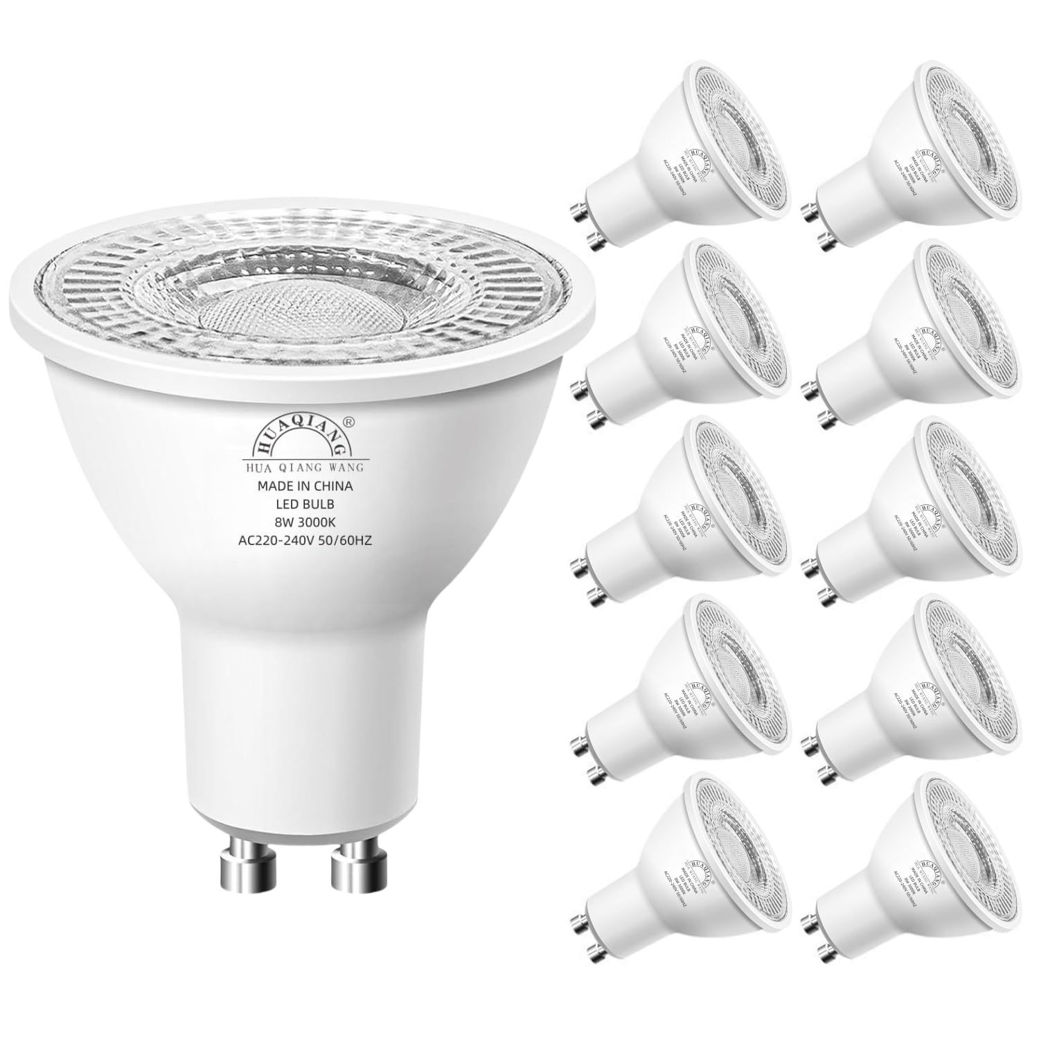 HUA QIANG WANG MR16 LED Light Bulb, 50 Watt Equivalent, Energy Efficient 8W, GU 5.3 Base, Warm White 3000K, Non-Dimmable, 220V, 10-Pack (3000k, GU10)