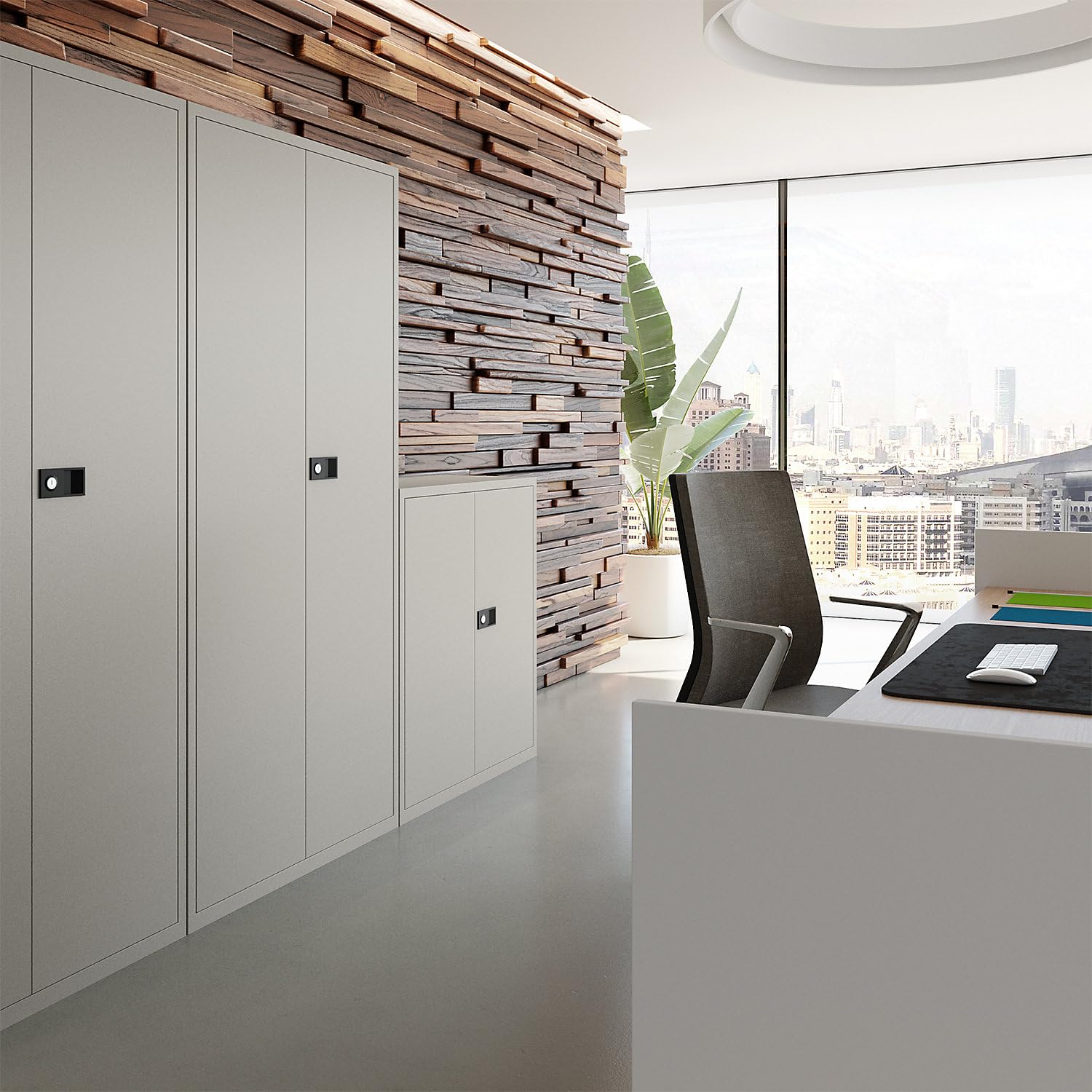 BISLEY Flügeltürenschrank Universal, 4 Fachböden, 5 OH, B 600 mm, Metall, 645 Lichtgrau, 40 x 60 x 195 cm