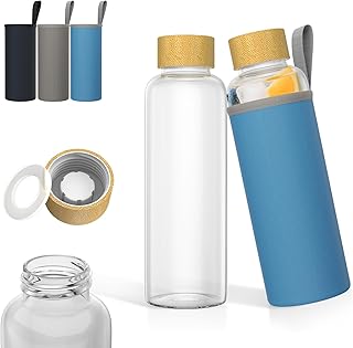 ACXIN Glas Trinkflasche 550ml Borosilikatglas Wasserflasche mit Holzdeckel & blauer Schutzhülle spülmaschinenfest, hitzebeständig & auslaufsicher für heiße & kalte Getränke, Büro & Sport