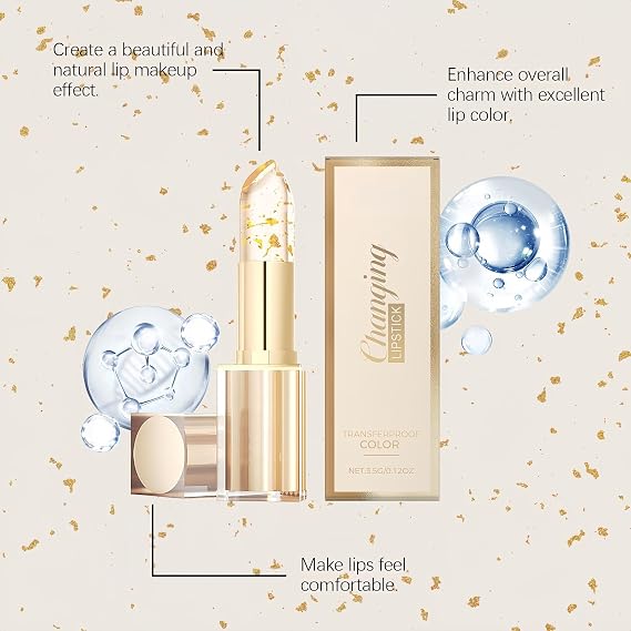 Transfer-Proof Color Changing Lipstick with Gold Foil,Gold Foil Crystal PH Lipstick,PH Adjusting L/ipstick,G/old Crystal PH L/ipstick,Long Lasting Lipsticks,Lip Stick Long Lasting,Coloured Lip Balm