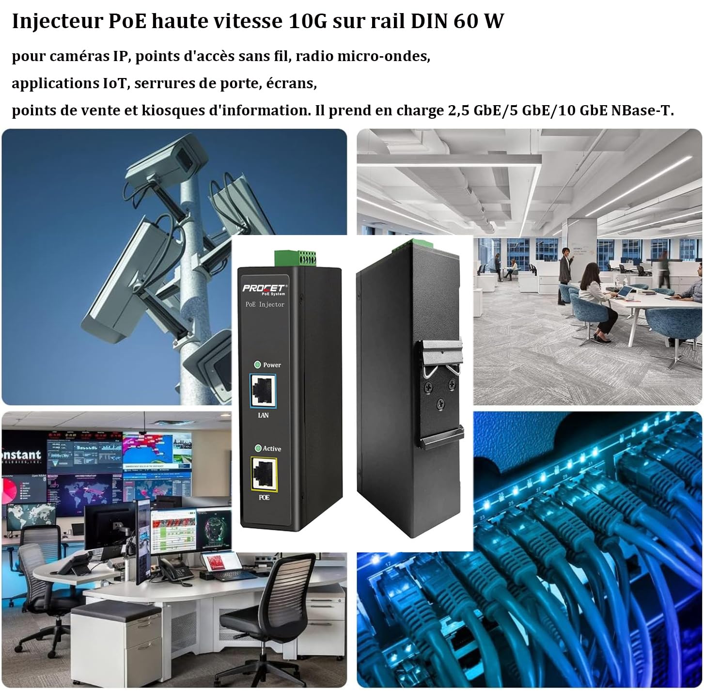 PROCET PoE Injecteur 10 Gigabit sur Rail DIN PoE++ jusqu'à 60W, 6KV PoE Protection Contre Les surtensions, Large températures -40 °C à 65 °C, pour PTZ Webcam, Point d'accès sans Fil, Station de Base