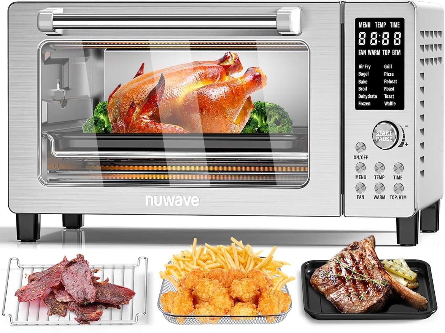 Nuwave Bravo Pro Smart Air Fryer Toaster Oven Combo, Airfryer Convection Oven Countertop, 12-in-1 Functions with Quicker & Even Crisp Technology, 1800W, 50-450°F, PFAS-Free, 21QT, Stainless Steel