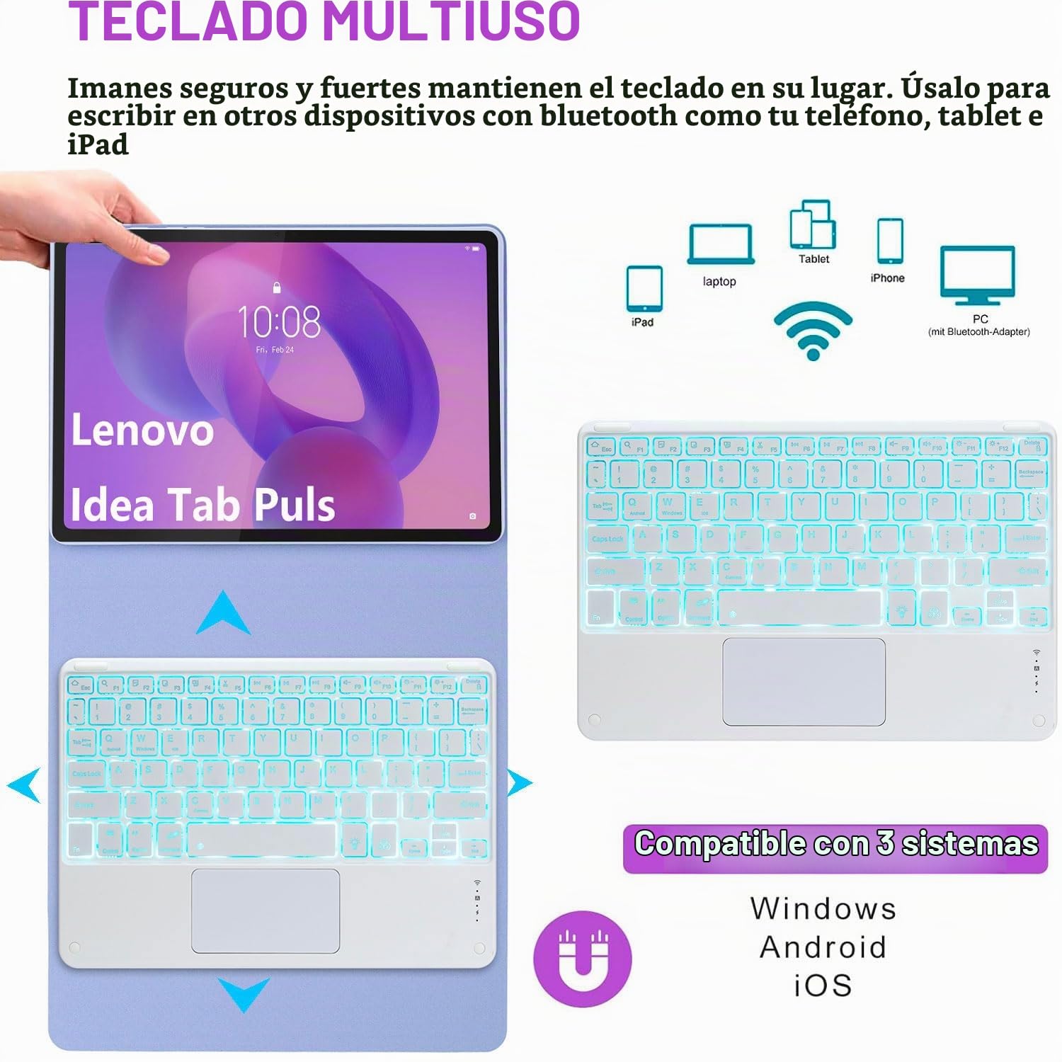 Funda con Teclado para Lenovo Idea Tab Plus 12,1 Pulgadas/Tab K12 2025 (TB361ZU/TB361FU), Español Ñ Teclado con Panel Táctil Extraíble Y Retroiluminado 7 Colores con Ratón,Púrpura