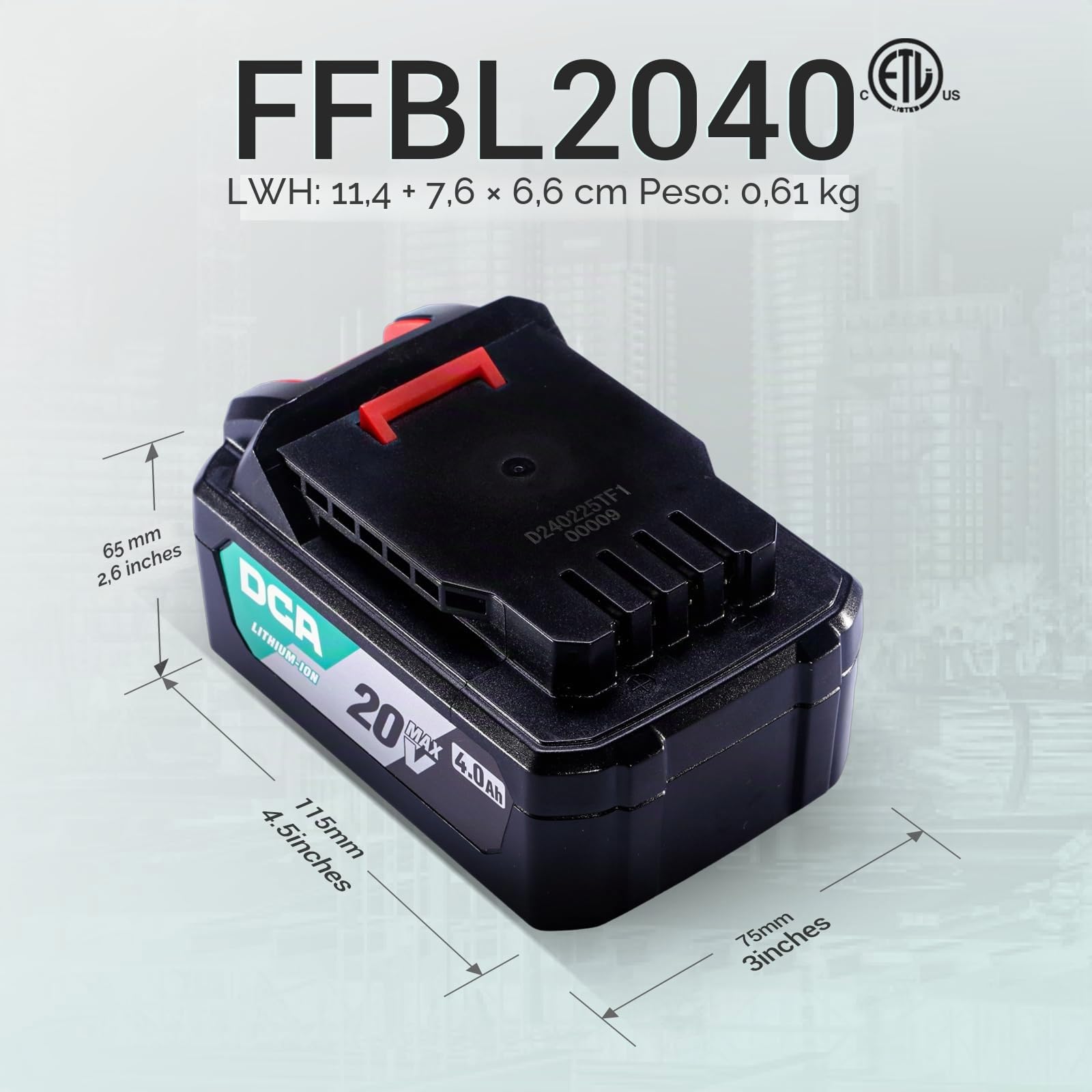 DCA Batería de iones de litio de 20V MAX, paquete de batería de 4,0Ah de alta capacidad, herramienta de batería compacta de 20V, 590g (FFBL2040)
