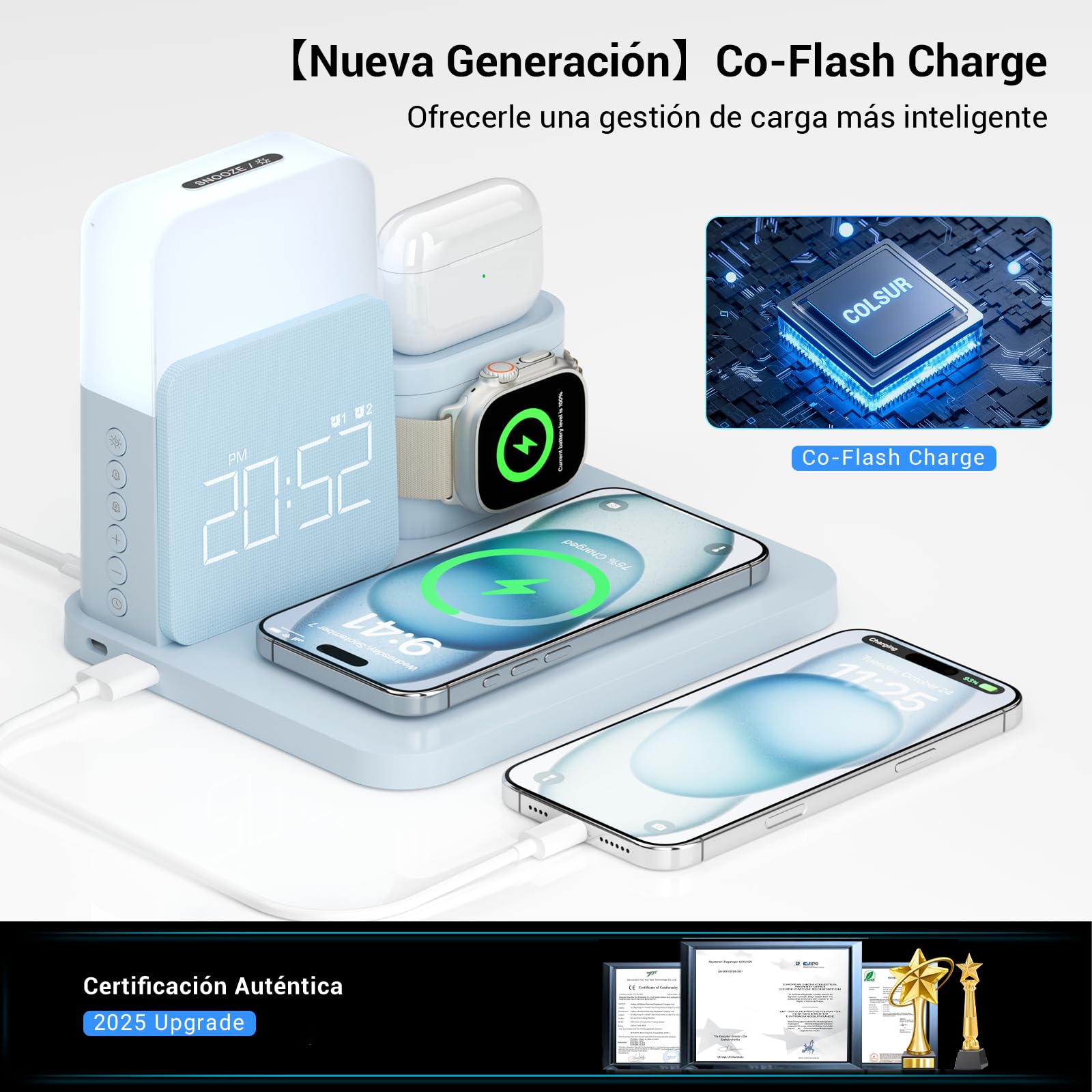 COLSUR Stacja ładująca 3 w 1 do Apple Watch iPhone Airpods, 15 W, szybka bezprzewodowa ładowarka do iPhone 17/16/15/14/13, lampka nocna z funkcją ładowania, budzik ze stacją ładującą, akcesoria do