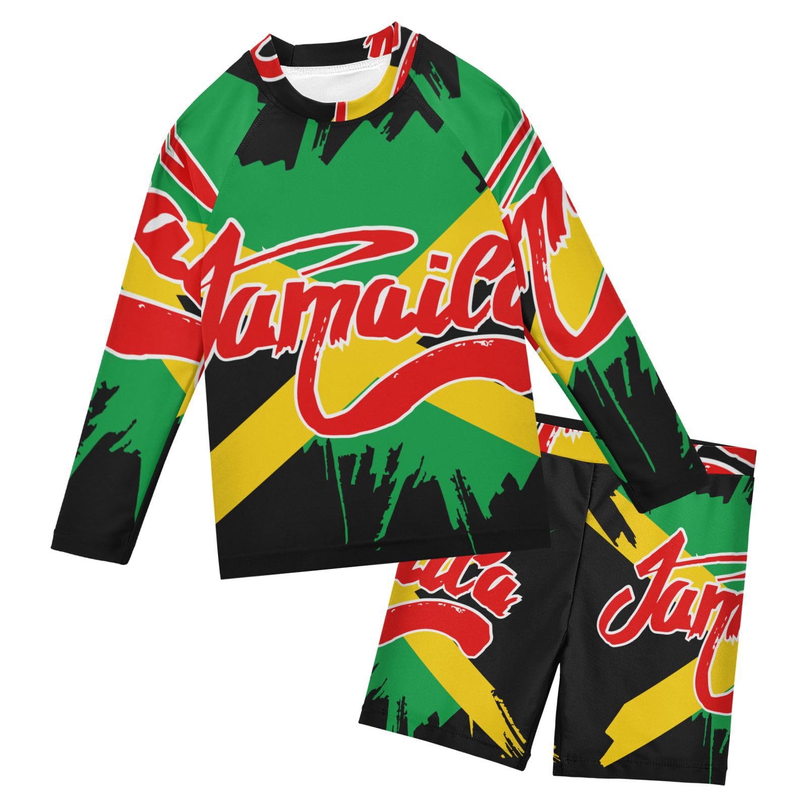 Aflyko Patriot Boys' Rash Guard Set Jamaican Flag Doodle Crewneck Swim Shirt with Jammer Stretchy Beach Shorts Comfortable Fit Summer Daily Wear, 7-8T Multicoloured