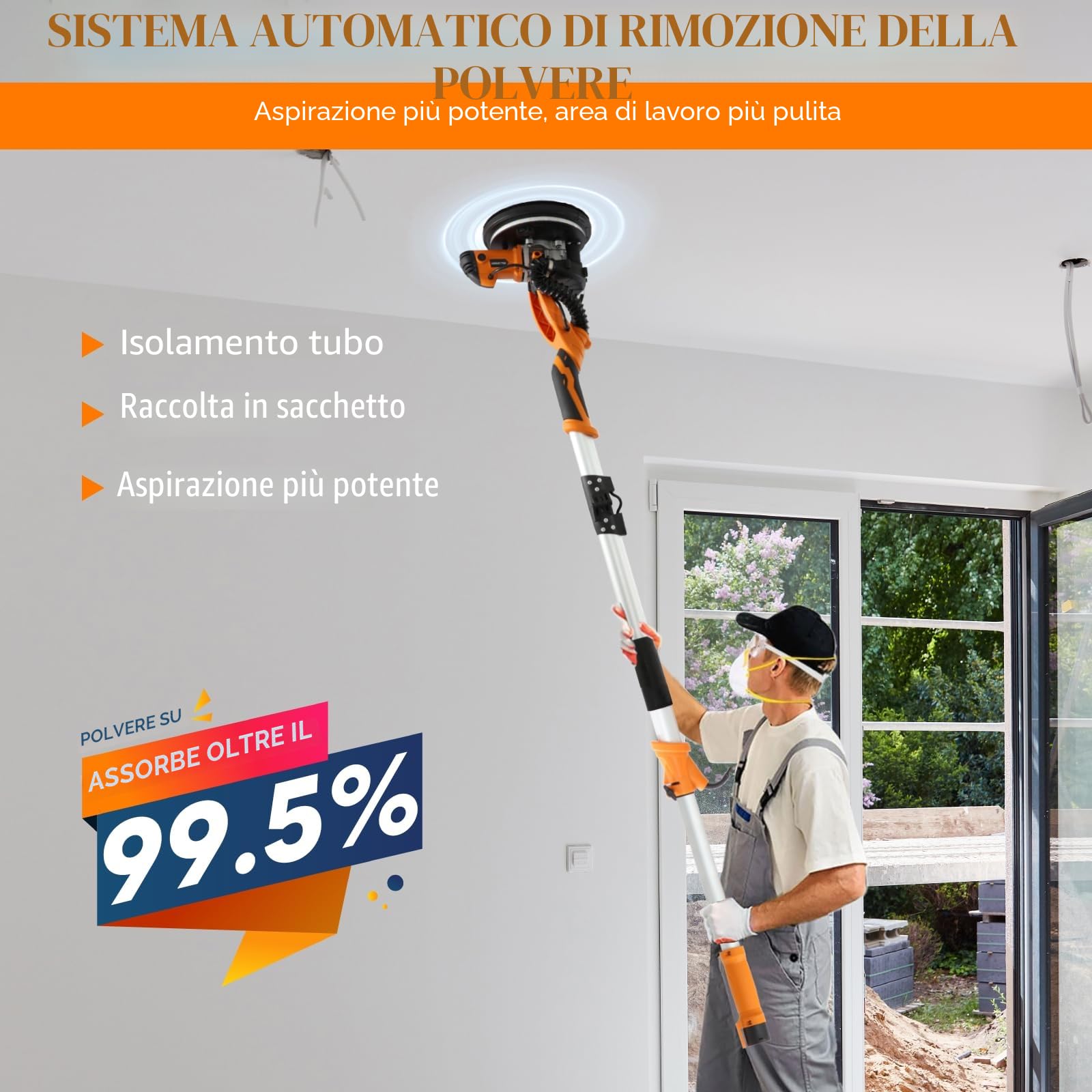 VELPAX Levigatrice per muro telescopica,1250W Levigatrice Muro con Aspiratore, 5 Velocità Variabili 800-1800 giri/minuto, Impugnatura Estensibile, Luce LED, Tubo per La Polvere Lungo