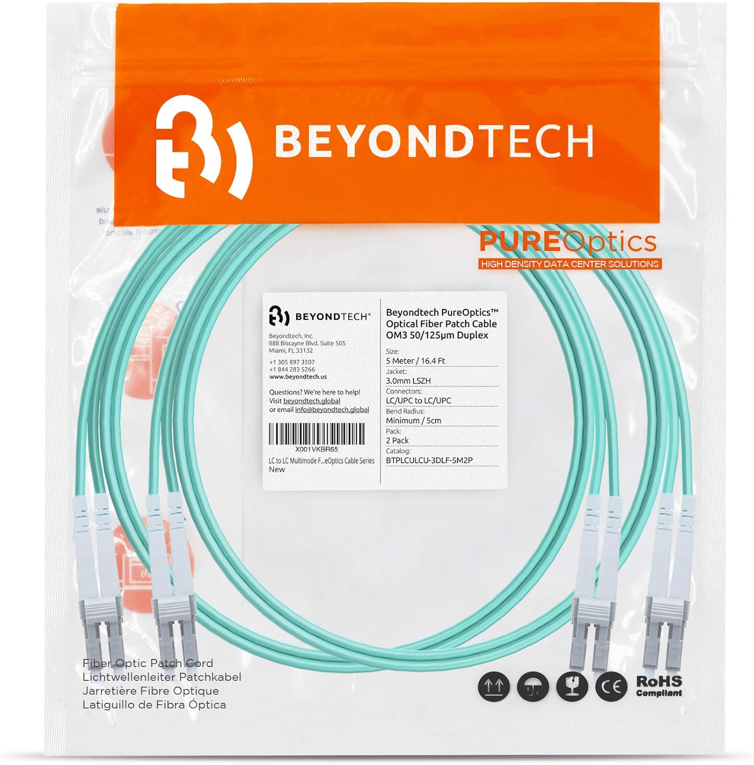 BEYONDTECH 5m (16.4ft) LC to LC Fiber Patch Cable – (2-Pack) UPC Multimode Duplex Fiber Optic Cable – 50/125µm core, Compatible with OM3 – 10G LSZH PUREOptics Series