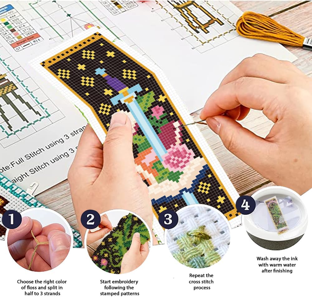 ORIGACH 6 Set Mystical Tarot Card & Book Cross Stitch Bookmark Kit for Beginner with Backing Felt Floss Instructions DIY Stamped Embroidery Bookmark Kit for Adults, Book Lovers