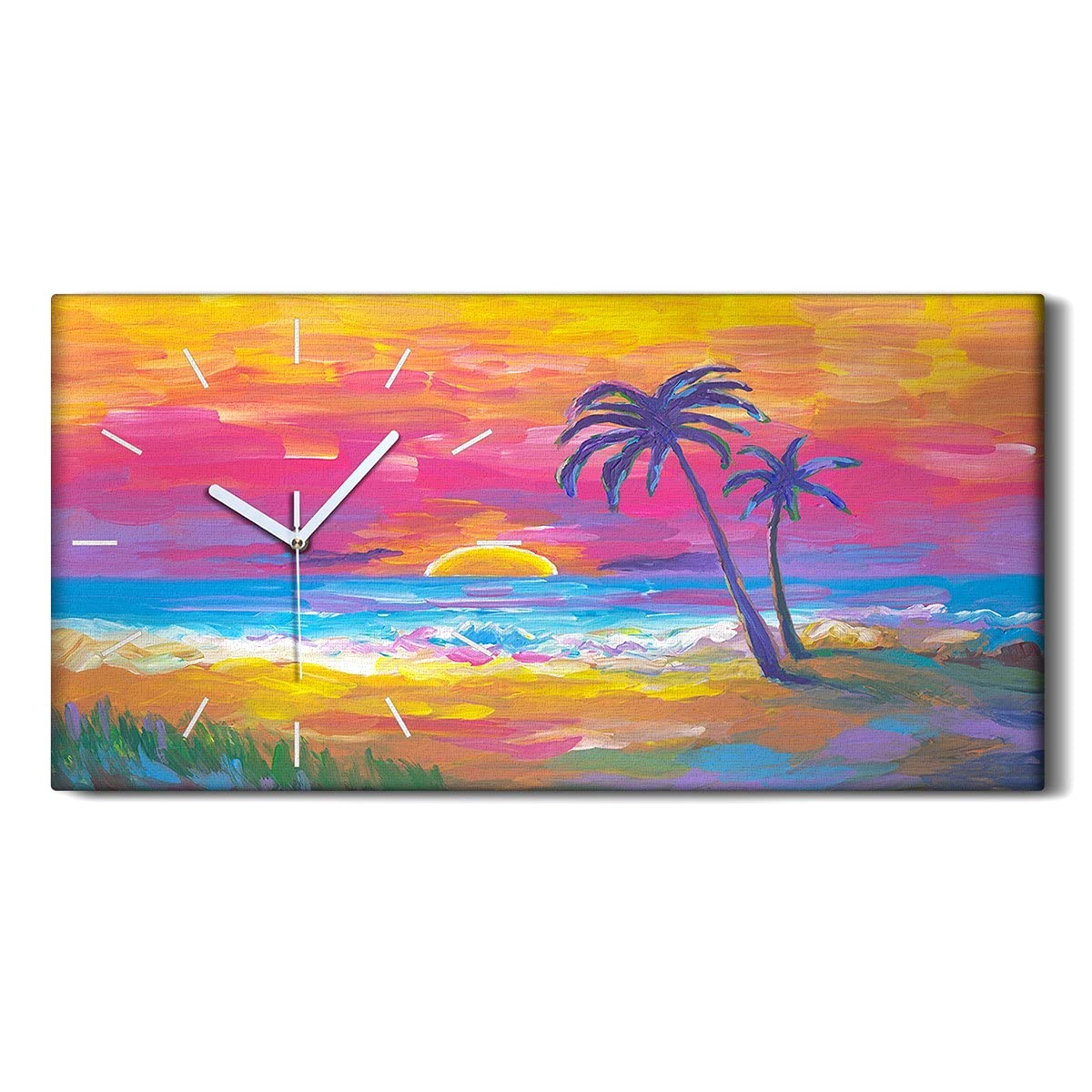 Horloge sur toile 60x30cm art mural moderne salon peinture palmier coucher de soleil