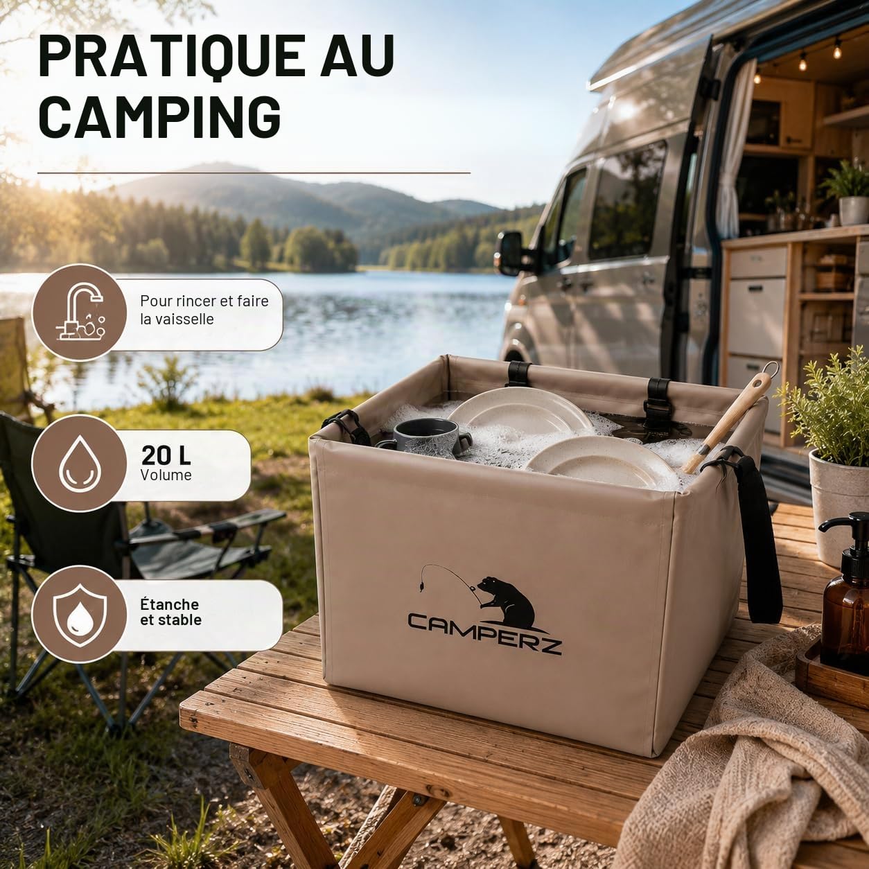Bol pliable de camping 20 l – Bac à vaisselle pliable avec poche en filet, seau pliable stable et bac de lavage pour camping-car, vanlife, pêche et extérieur – étanche, marron