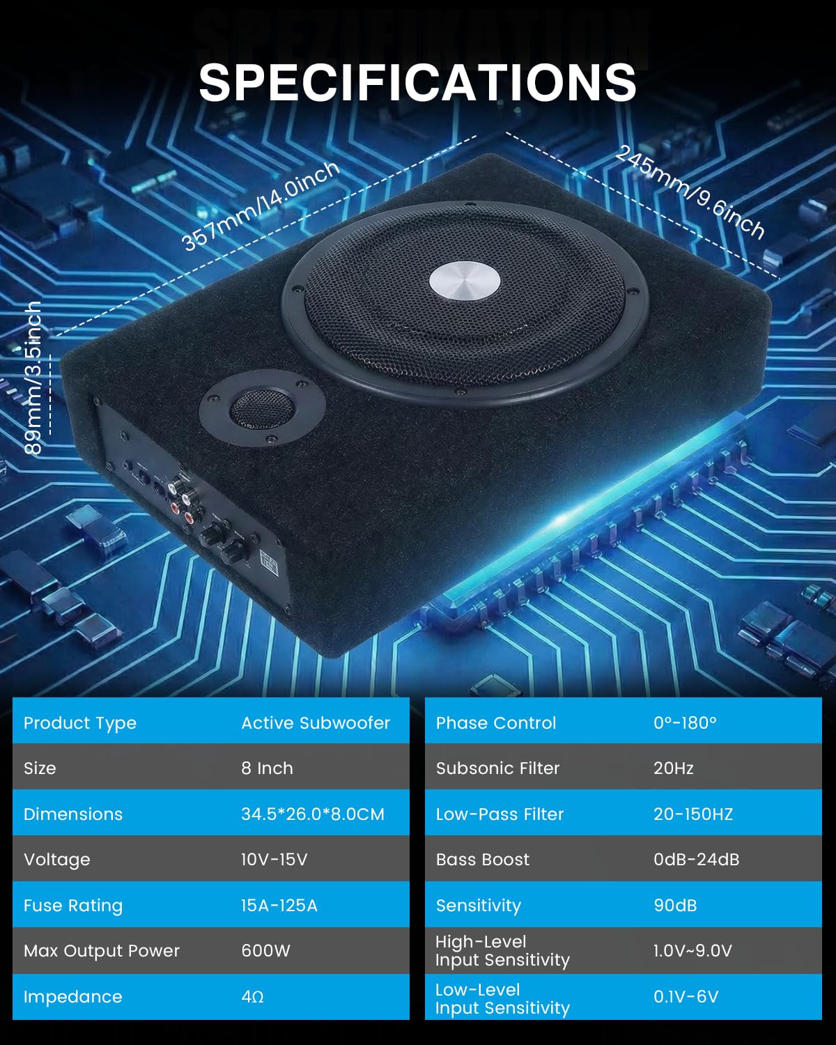 Radio Ultraflacher Auto-Subwoofer, Adecuado para sedanes/Camiones, con Amplificador Integrado, montable bajo los Asientos, Potencia máxima de 600 W, subwoofer Compacto de 8 Pulgadas