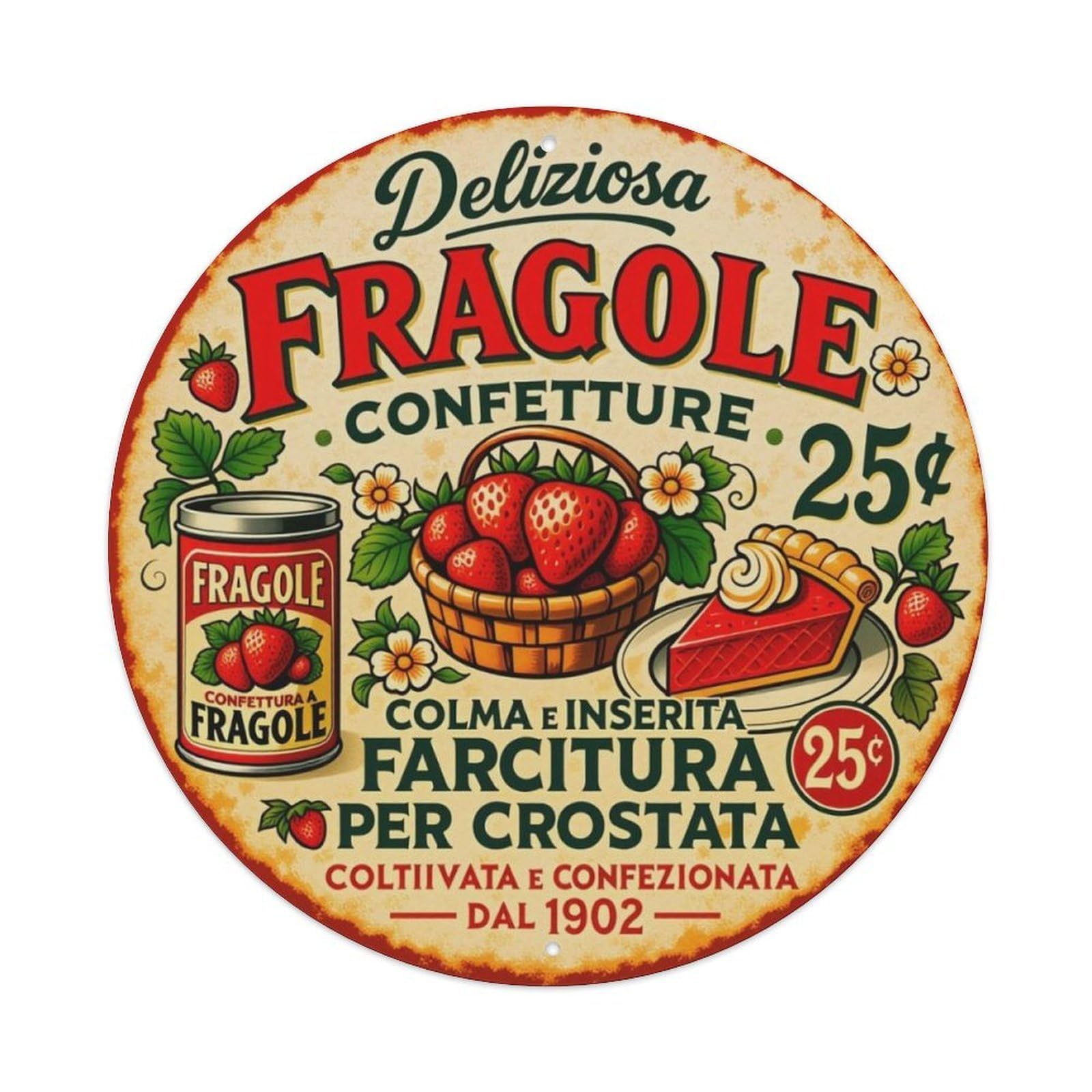 Vintage American Strawberry Jam Italian Food Round Decor Sign Vintage Aluminium Metal Sign, Retro Wall Decor for Home, Bar, Garage & Farmhouse 20x20cm