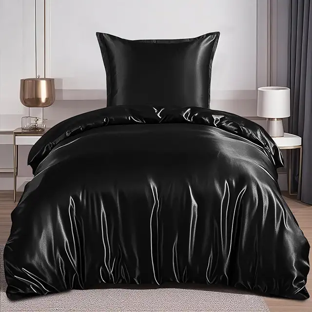 RUIKASI Satin Bed Linen Set 135x200cm Black Luxury Duvet Cover with Zip