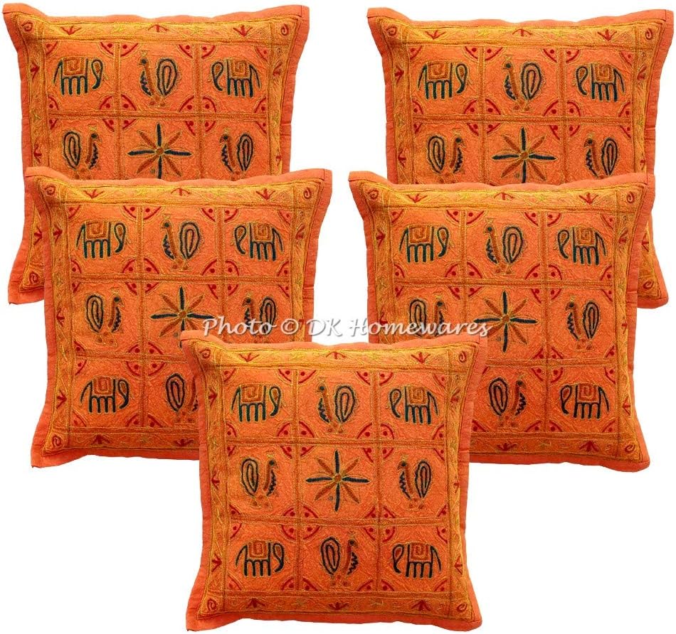 Boho Decorative Couch Throw Pillow Covers 16 Inch Cotton Gold Thread Embroidered Elephant Ethnic Square Toss Cushion Covers (Size - 40x40 cm ; Color: Orange) - Set of 5 Pcs (Cover Only)