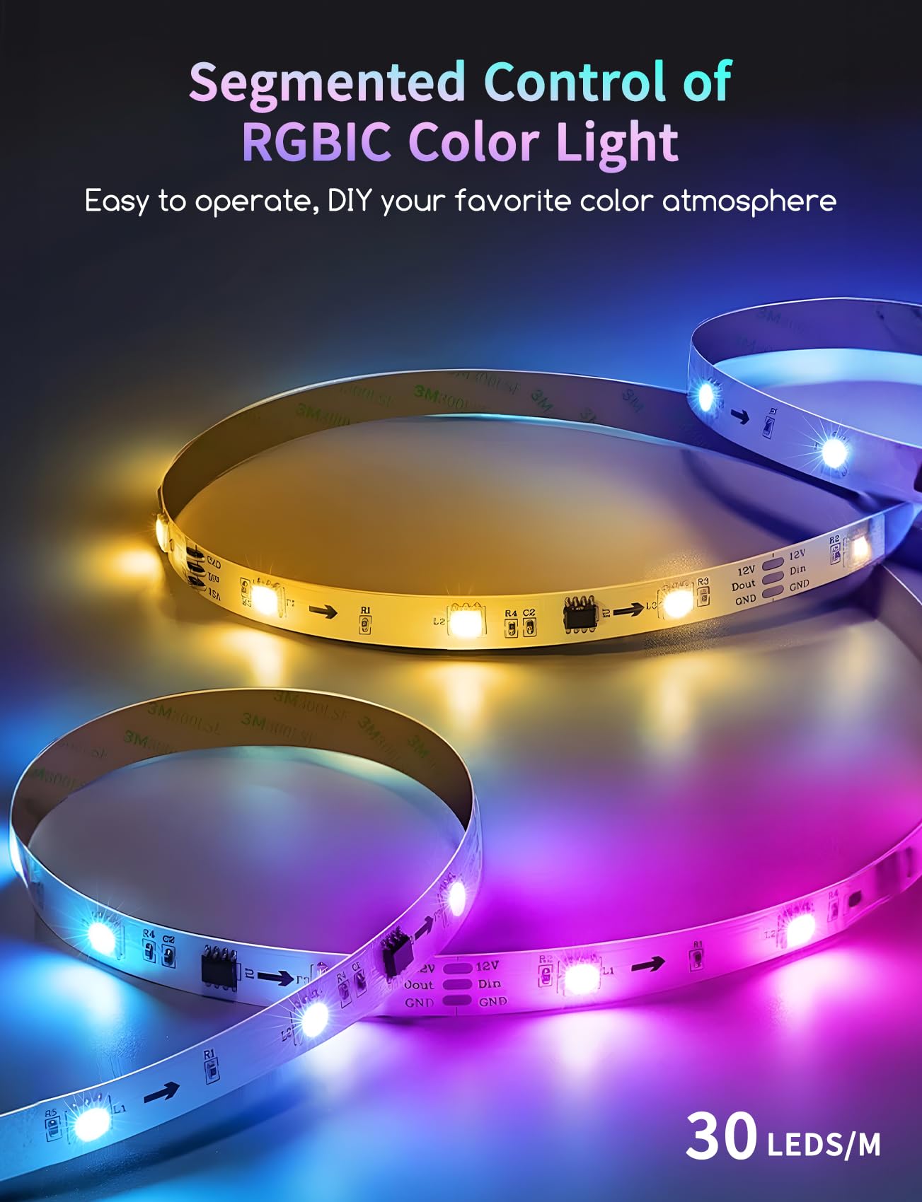 Taśma LED Aigostar Alexa, RGBIC, 10 m (30 diod LED/m), 24 W, oświetlenie Alexa z segmentowym sterowaniem, synchronizacją muzyki i kolorami DIY do pokoju, na imprezę, do majsterkowania