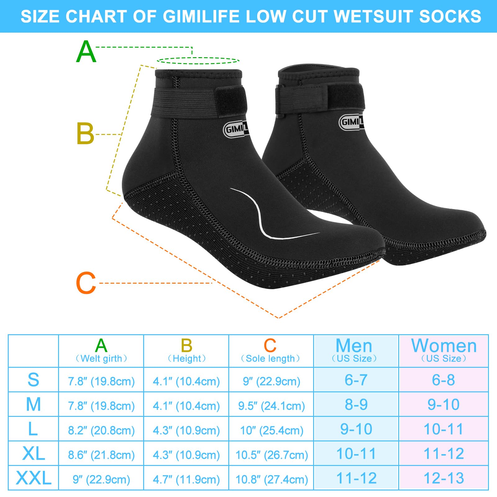 Gimilife Neoprensocken 3 mm, für Damen und Herren, wasserdicht für Tauchanzüge, Sandsocken für Beachvolleyball, Schnorcheln, Surfen, Kajakfahren, Schwimmen, Wassersport (niedriger Schnitt