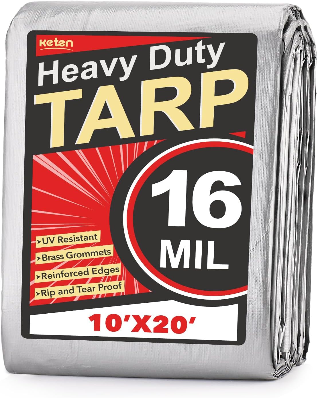 Keten Tarps Heavy Duty Waterproof 10X20 Feet, Extra Thick 16 Mil, Tear & Fade Resistant, UV Blocking, Outdoor Tarp with Reinforced Grommets for Roof, Camping, Patio, Pool, Boat(Silver/Black)