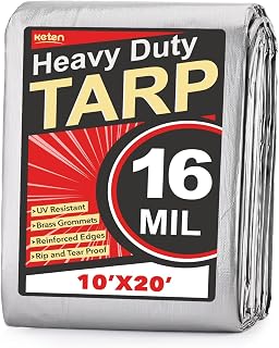 Keten 10x20 Heavy Duty Waterproof Tarp - 16 Mil Thick, Tear & UV Resistant, Reinforced Grommets for Roof, Camping, Boat Cover (Silver/Black)