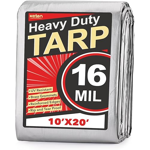 Keten Tarps Heavy Duty Waterproof 10X20 Feet, Extra Thick 16 Mil, Tear & Fade Resistant, 100% UV Blocking, Outdoor Tarp with Reinforced Grommets for Roof, Camping, Patio, Pool, Boat(Silver/Black)