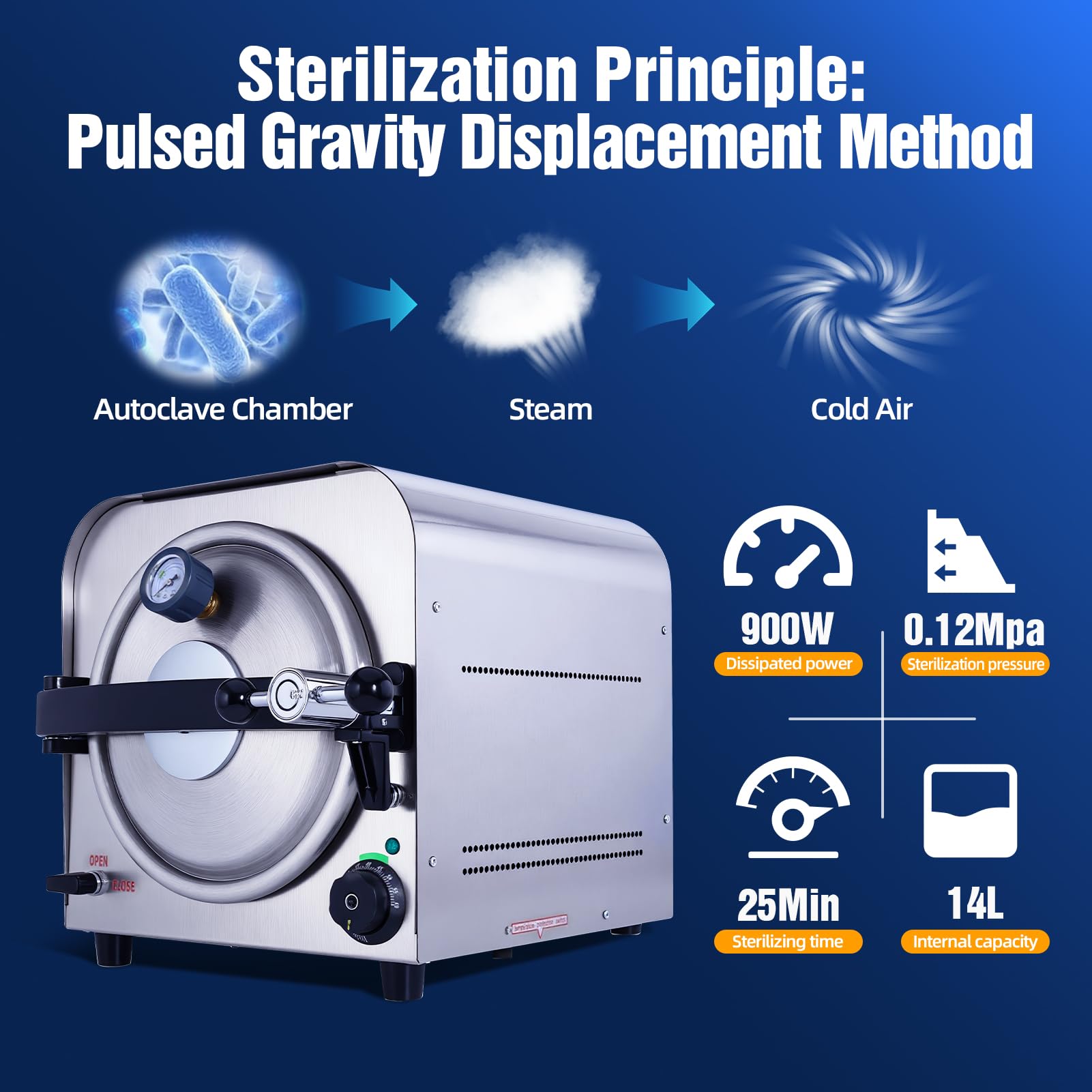 Esterilizador de vapor de autoclave de 14 litros, equipo de esterilización de laboratorio, autoclave de vapor de alta presión 900 W con manguera de drenaje y 3 bandejas