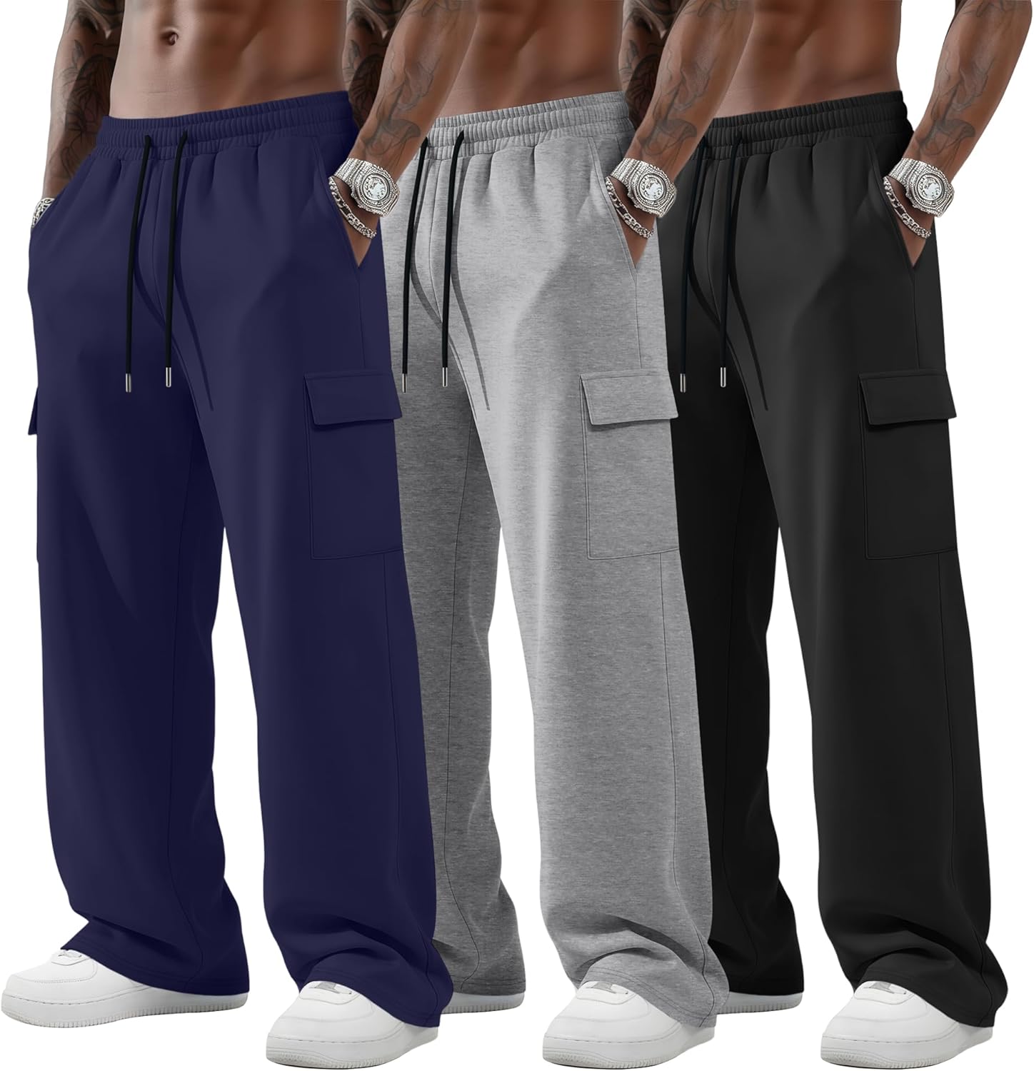Neer 3 Pack Men's Big and Tall Cargo Sweatpants Baggy Wide Straight Leg Lightweight Open Bottom Drawstring Pants Pockets