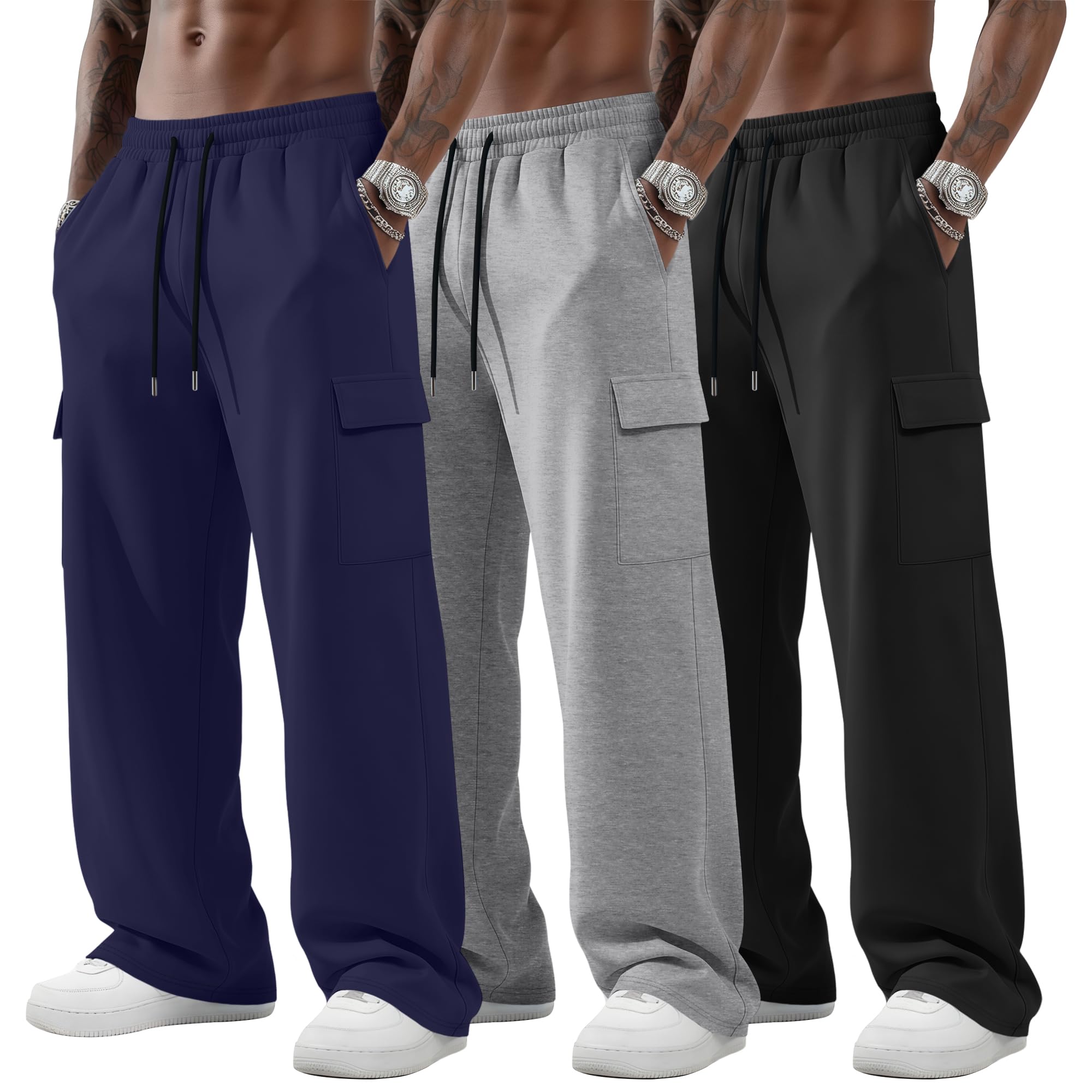 Neer 3 Pack Mens Big and Tall Cargo Sweatpants Baggy Wide Straight Leg Lightweight Open Bottom Drawstring Pants