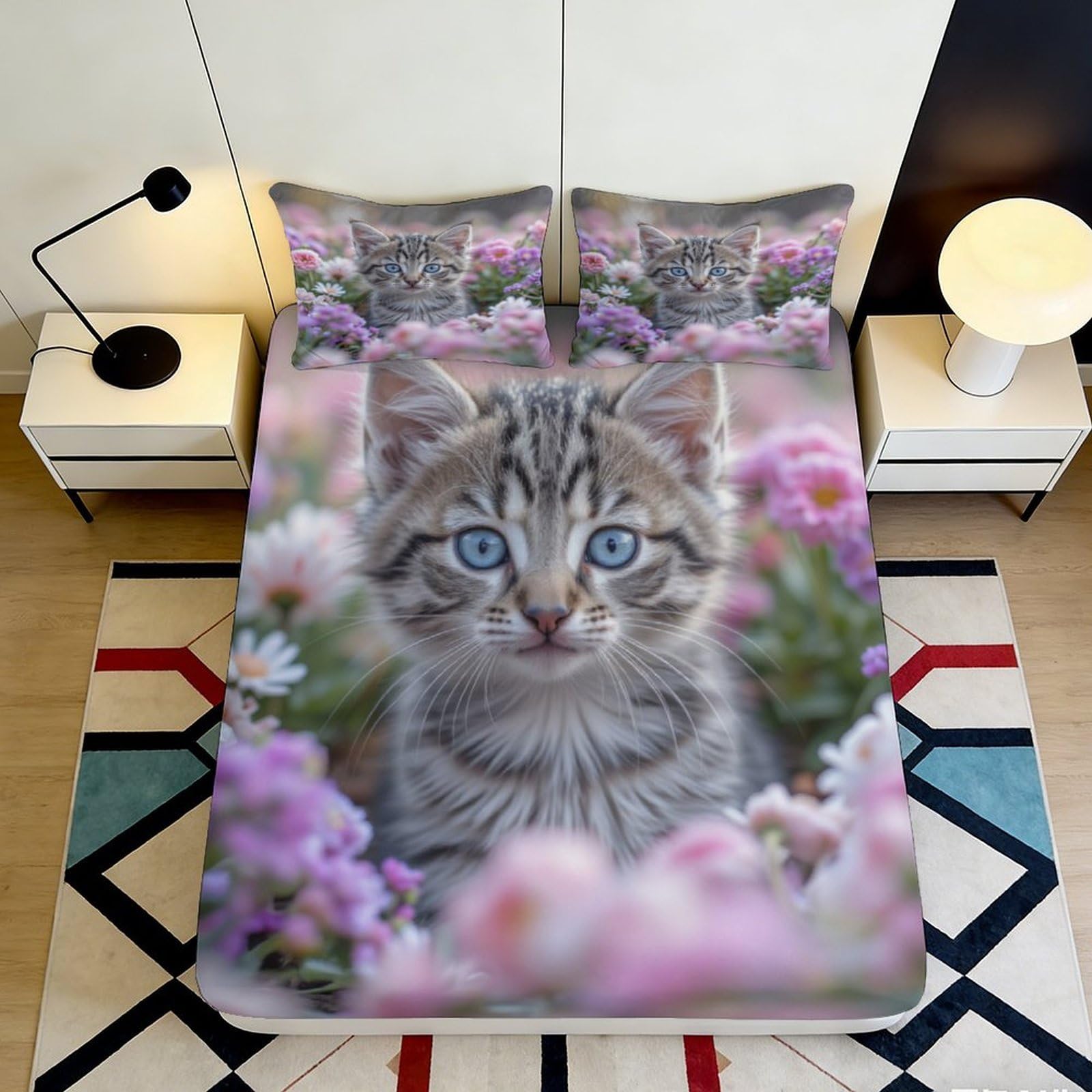 Tjiqhvmrn Style-2 3D Printed Cat Flower Fitted Sheet Microfiber Deep Pocket Bedroom Bedding Cat Flower Mattress Fitted Cover Non-Slip For Home 90X200x25cm