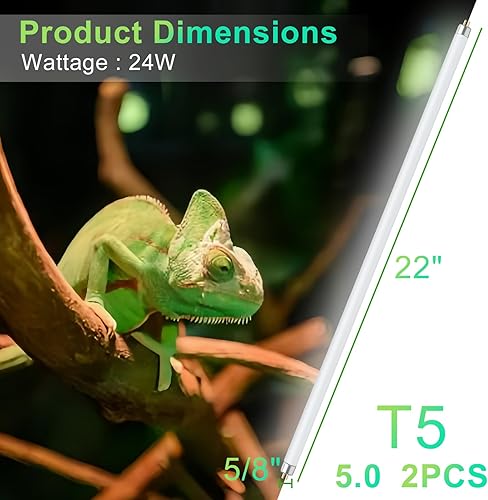 Miniatura 2 de LUCKY HERP Paquete de 2 luces para reptiles T5 UVB 5.0 de 24 W, tubo de lámpara fluorescente UVA UVB, bombilla de iluminación UVB para tortugas,