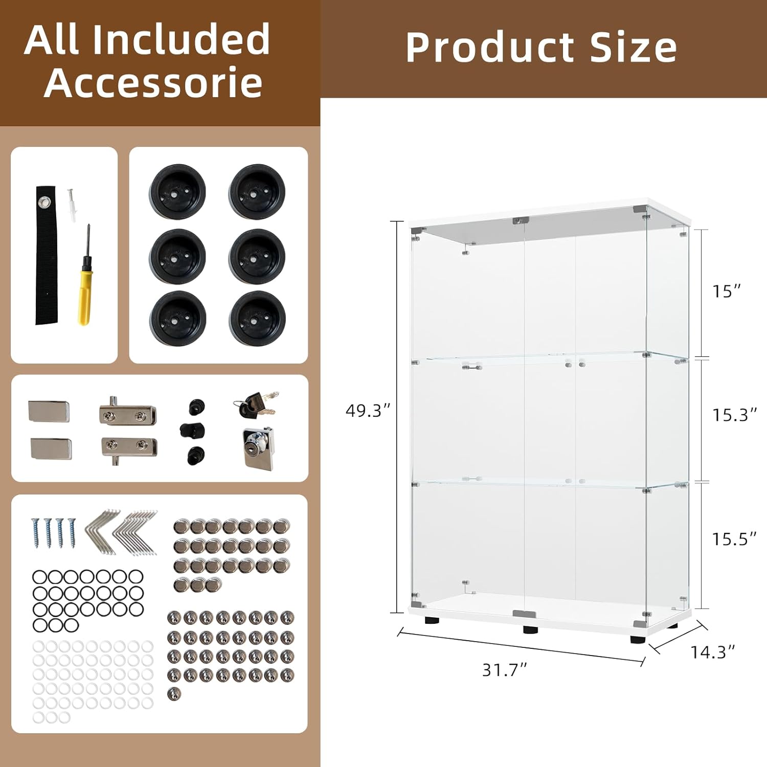 display cabinet with glass door and lock, 3-shelf fast installation curio cabinets with 5mm tempered glass floor standing bookshelf for bedroom, living room (49" hx 32" w x 14.3" d, white) 2-door 3-shelf white