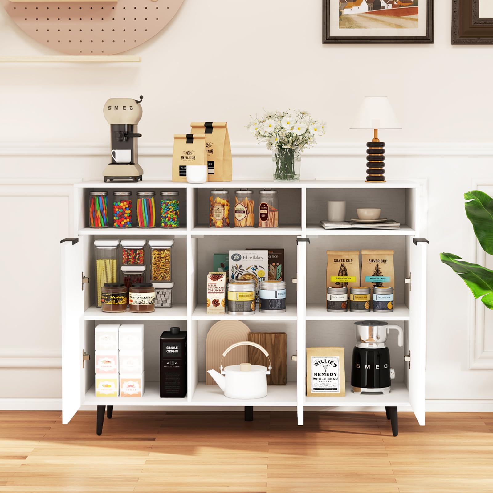 GIANTEX Sideboard Keuken, keukenkast met glazen schuifdeuren, keukencommode dressoir met verstelbare plank, opbergkast buffetkast bijzetkast voor eetkamer woonkamer 107x33x64 cm