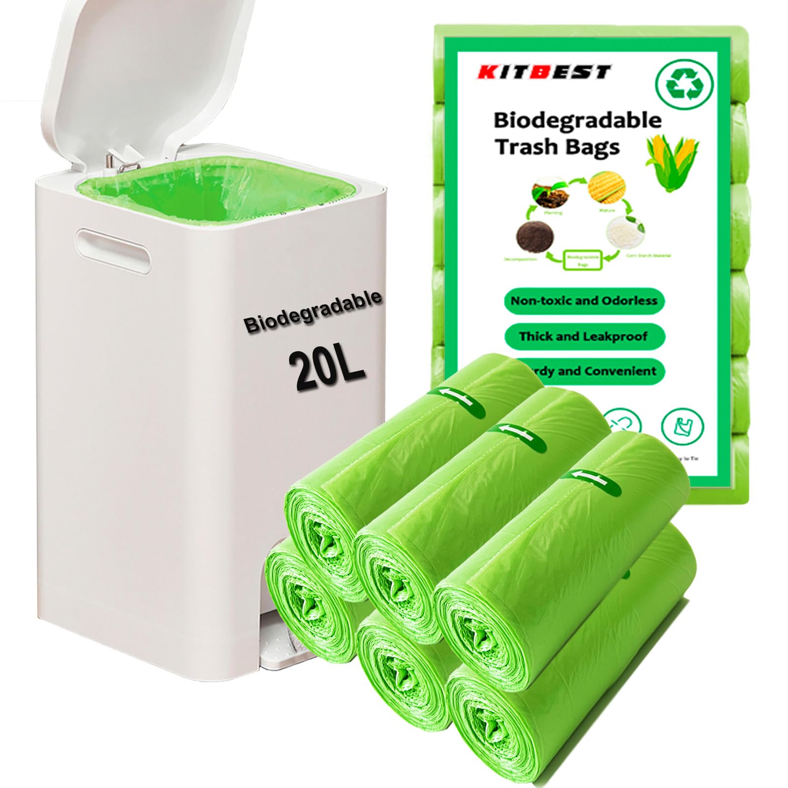 120 Compostable Bolsas de Basura Orgánica 20L, KITBEST Biodegradable Bolsas de Basura, Degradable Reciclables para Residuos de Alimentos, Hogar, Jardín, Cocina, Oficina (50X60cm, Verde)
