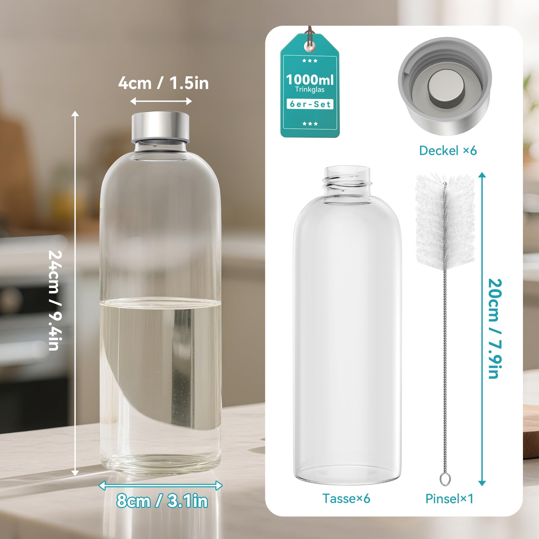 LILIIN Juego de 6 vasos de 1000 ml con tapa de acero inoxidable y pajita