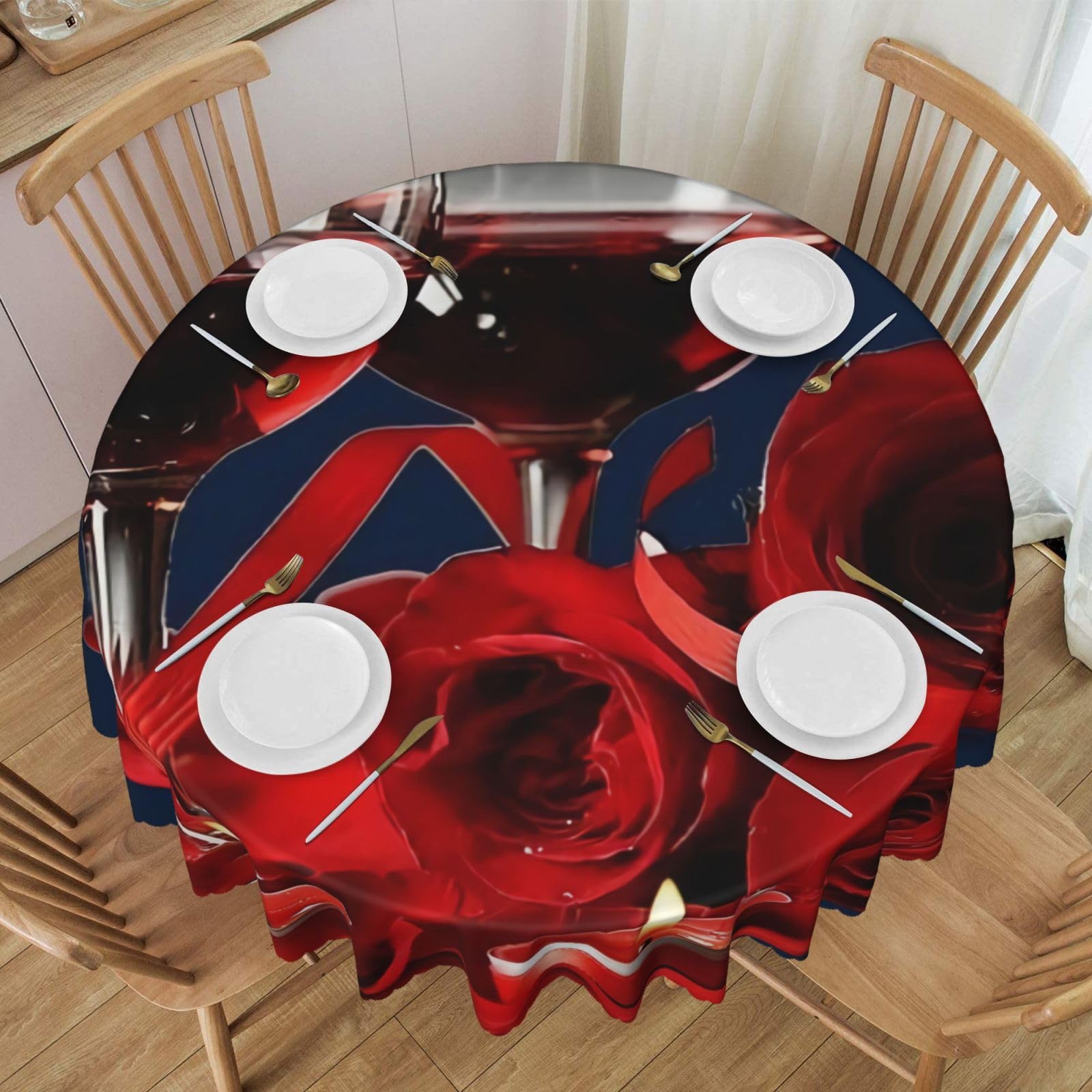 DCEHGEW 60 In Round Tablecloth with Lace, Red Wine Rose and Candle Printed Oilproof & Washable Fabric Picnic Table Cloth Table Covers