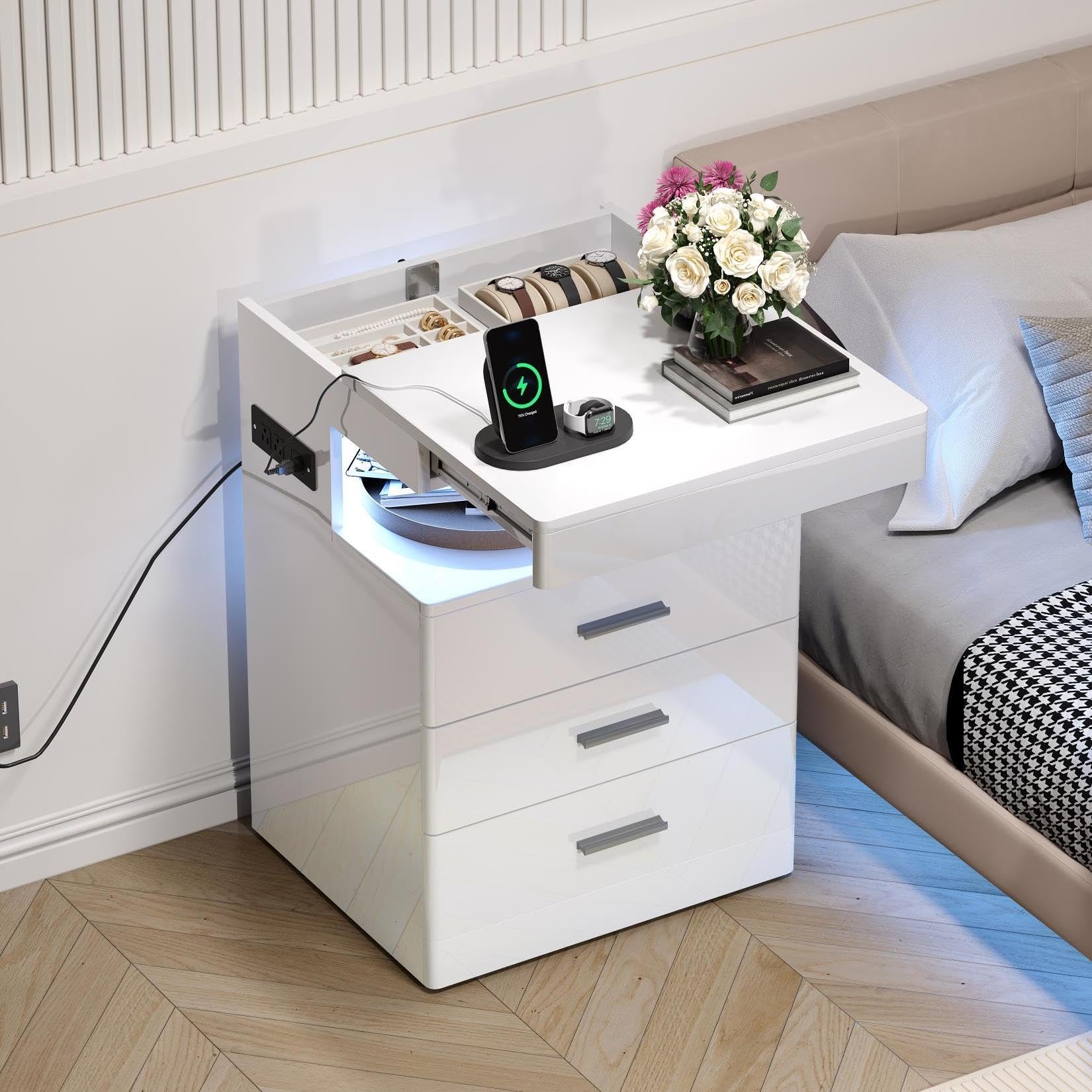 Treocho Led Nightstand with Hidden Space, Modern Night Stand with Charging Station, 3 Drawer Smart Nightstand with Glossy Finish, Tall Bedside Table with RGB Lights for Bedroom, White
