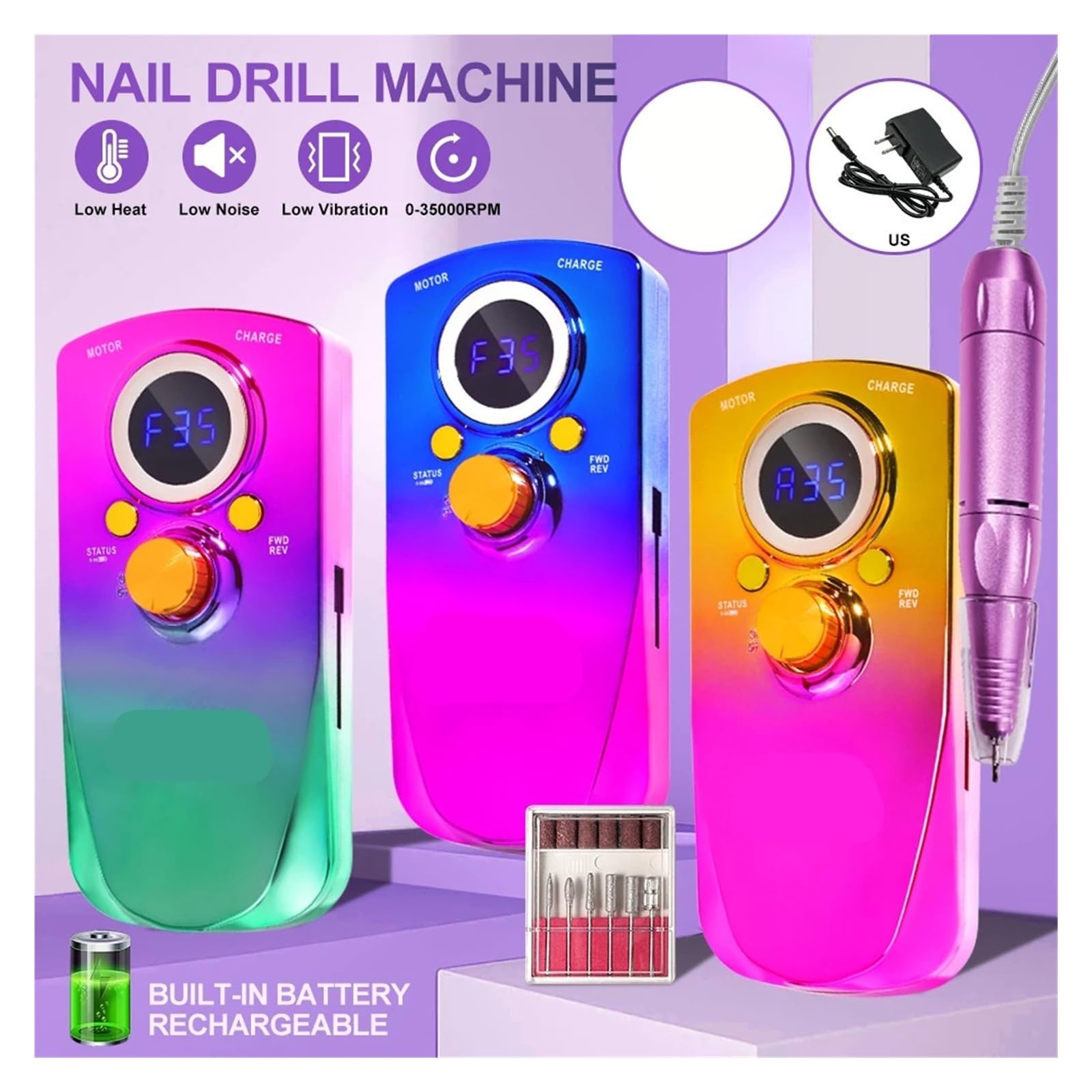 Nagelfräser, 35000 U/min Elektrische Nagelbohrmaschine Wiederaufladbare Schleifmaschine Geräuscharme Nagelfeilenbohrmaschine(Green)