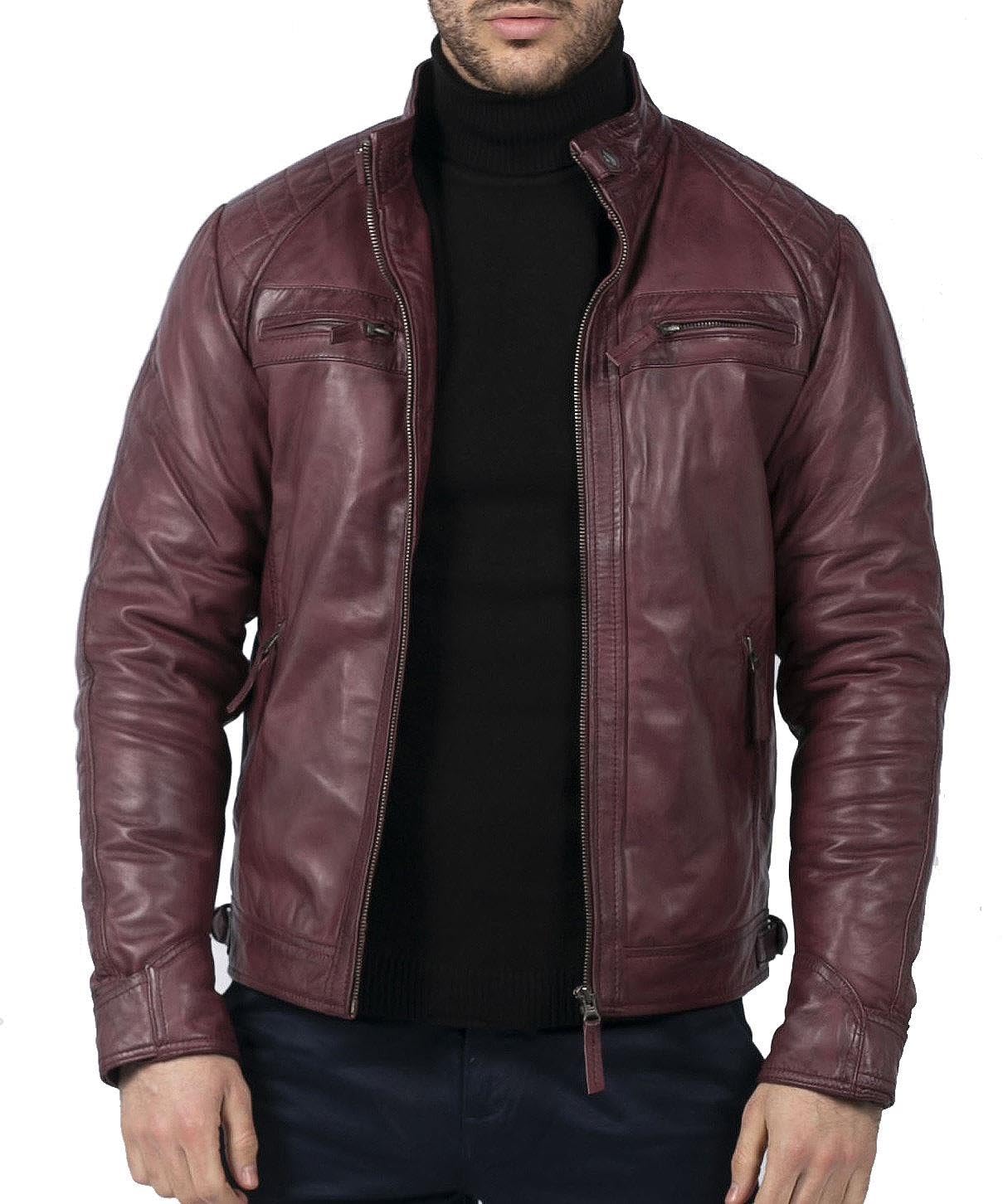 Truclothing Men's Wine Biker Jacket Outwear Windproof Winter Motorcycle Rider Real Leather Jackets Coat Retro - M