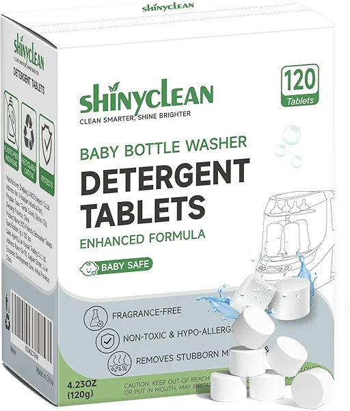 Shinyclean Bottle Washer Detergent Tablets with Natural Enzyme | Chlorine & Fragrance-Free, Baby Safe | Compatible with Momcozy, Baby Brezza & All Brands | Oxygen Power, No Residue | 120 Count