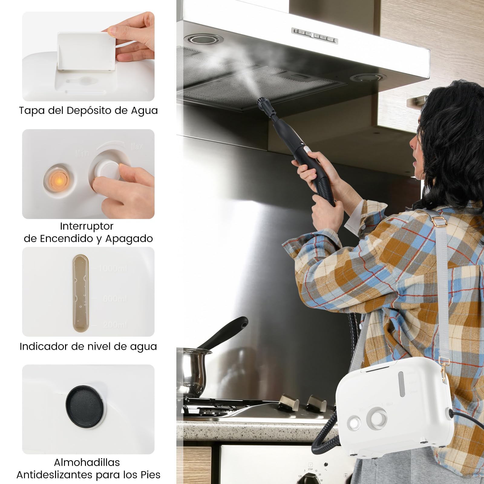 COSTWAY 1500W Limpiador a Vapor Portátil, Vaporizador Doméstico con Tanque de Agua de 1 L, Máquina de Limpieza a Vapor a Presión Multifuncional para Coche, Tapicería y Cocina (Blanco)
