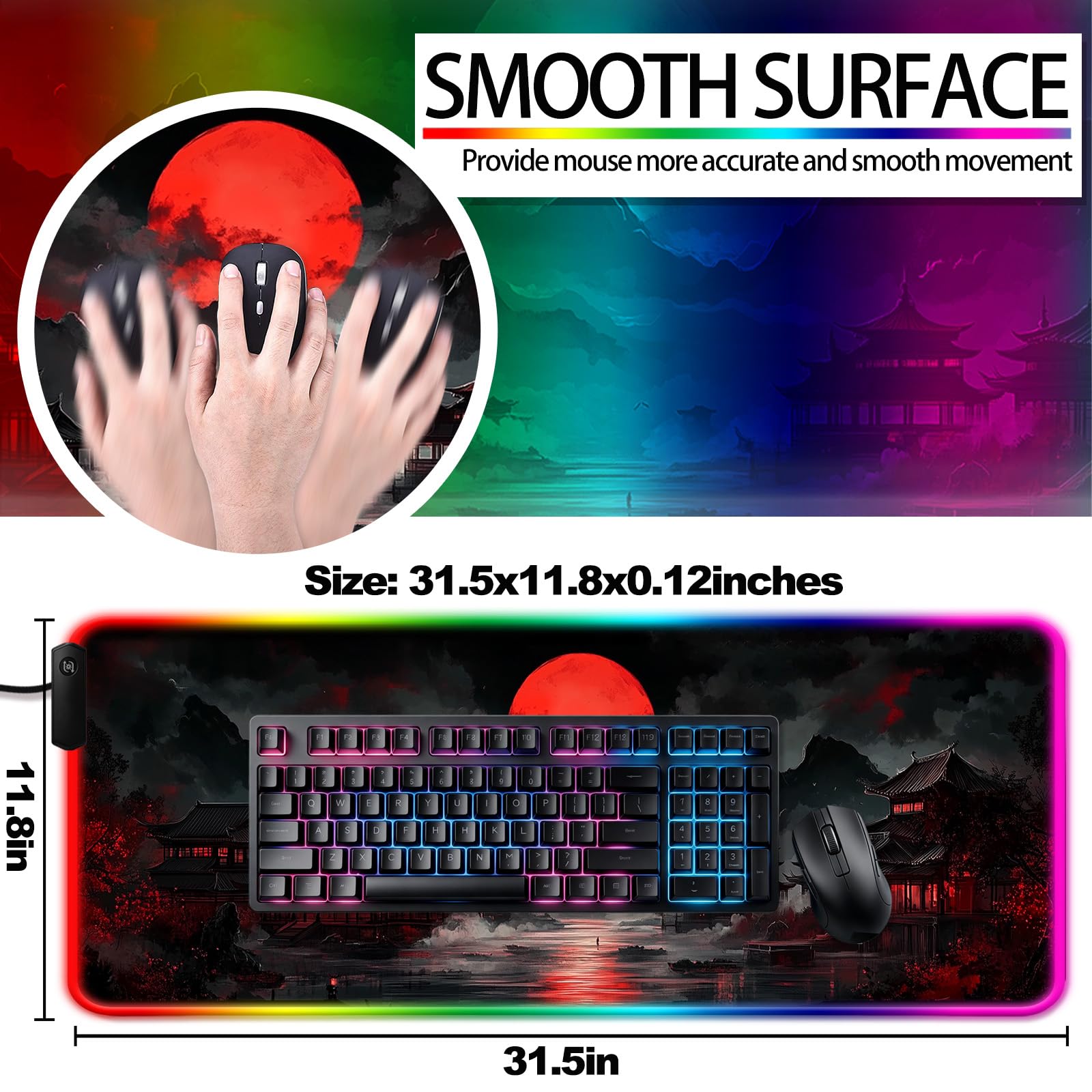 RGB - Tappetino da scrivania da gioco con luna piena, motivo: Lakescape giapponese, per tastiera del computer, grande, esteso, lungo, LED, per ufficio e casa, XL (W07)