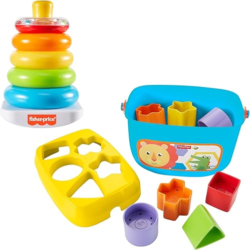Fisher-Price Paquete de juguetes clásicos con juego de primeros bloques para bebé y juguete apilable de anillos Rock-a-Stack para bebés a partir de